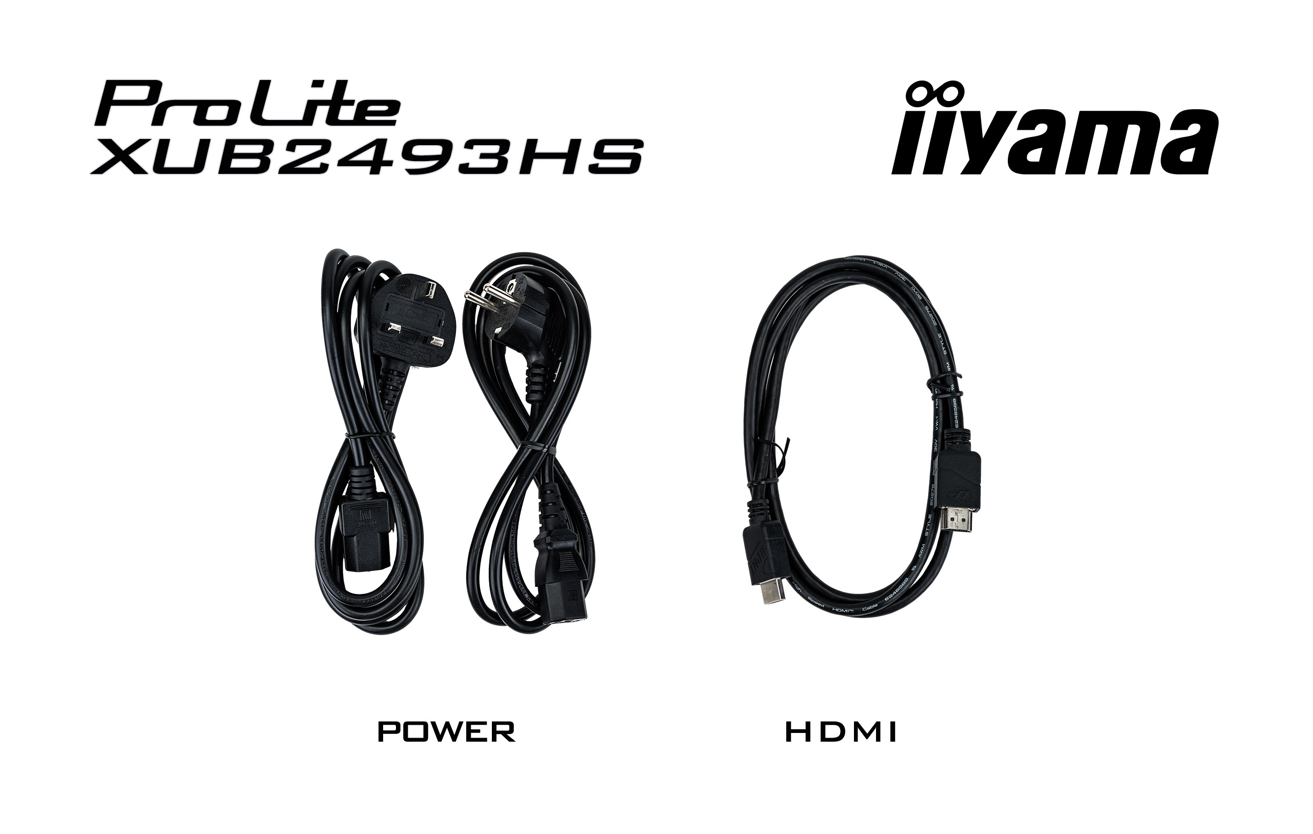 Obraz przedstawia czarne kable zasilające i kabel HDMI. Widoczne logo ProLite, iiyama. Napisy: POWER i HDMI.
