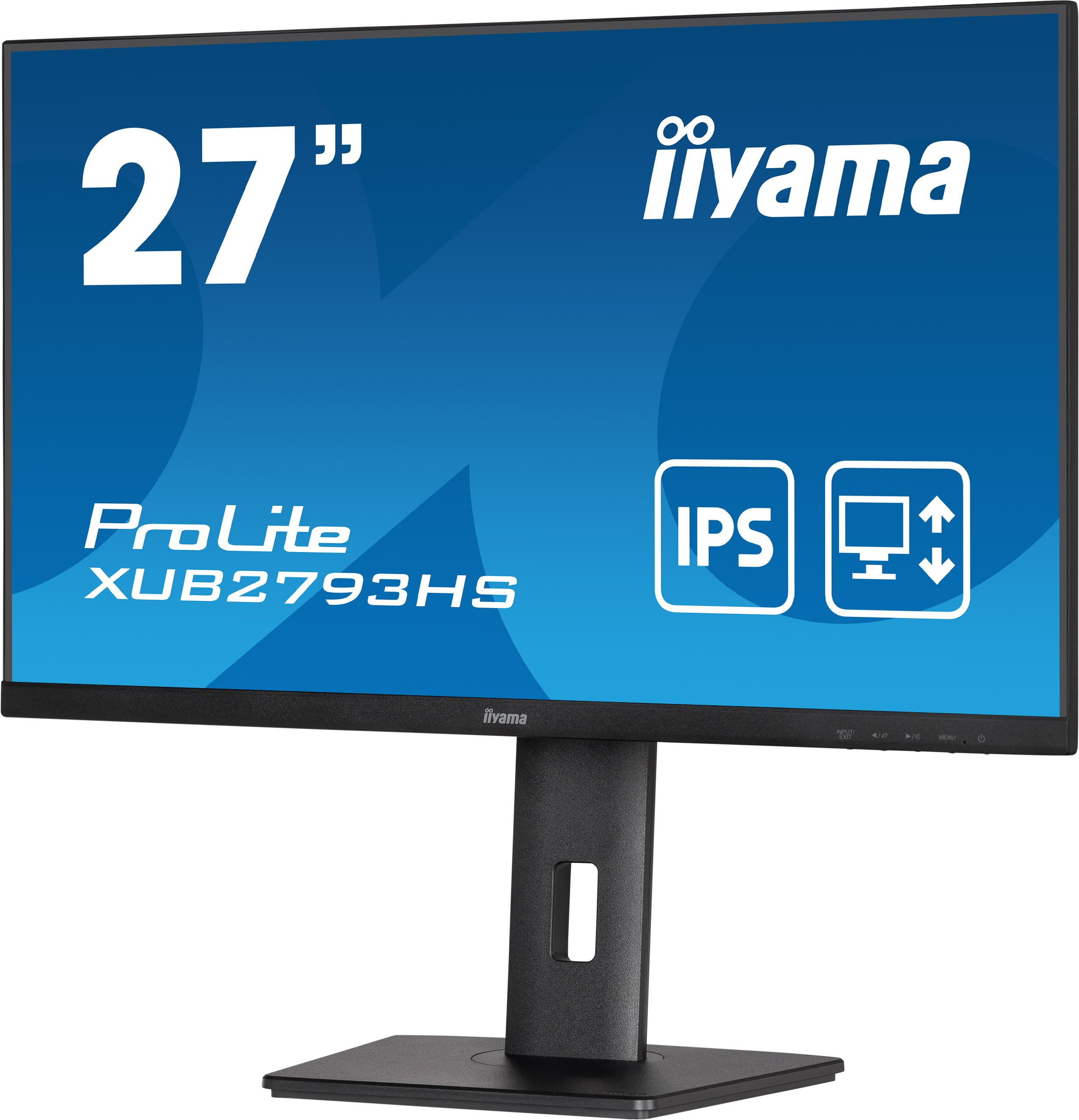 27-calowy monitor Iiyama ProLite z niebieskim ekranem wyświetla markę i informacje o modelu. Ma czarną podstawę.