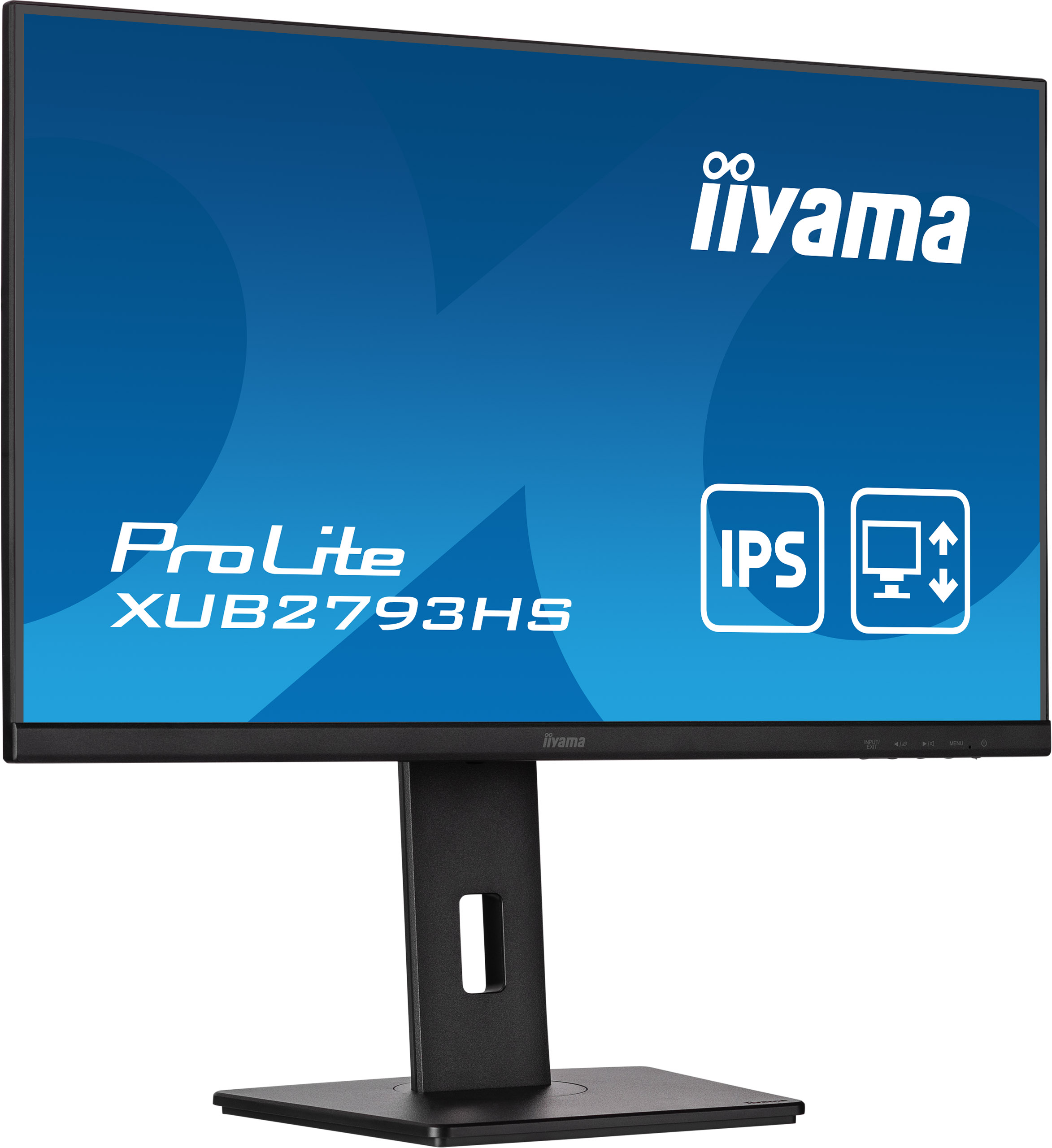 Czarny monitor iiyama ProLite. Ekran wyświetla nazwę marki, model i ikony. Stoi na czarnym stojaku.