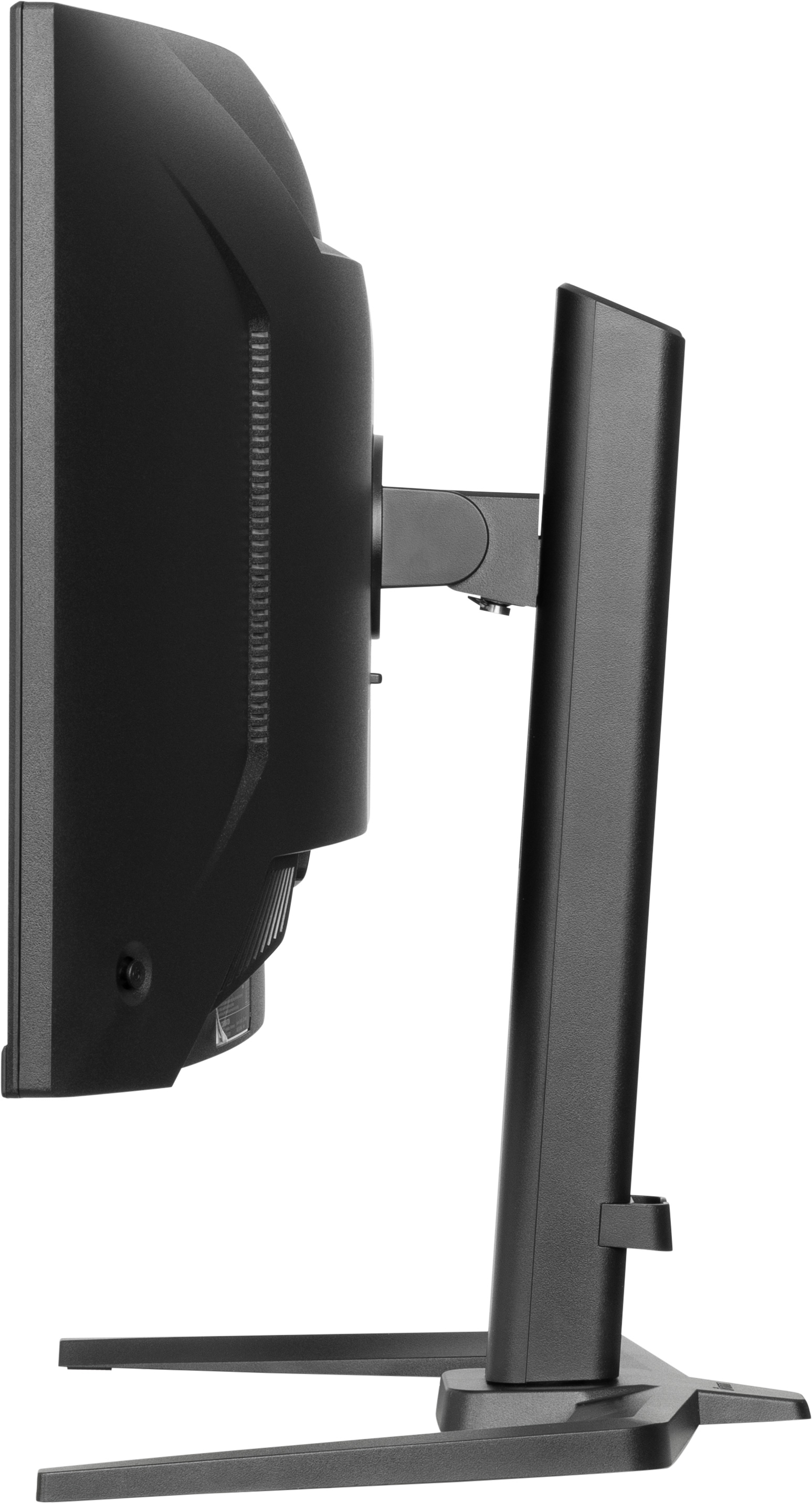 Widok z boku czarnego monitora komputerowego. Zamontowany na czarnym stojaku z szeroką podstawą.