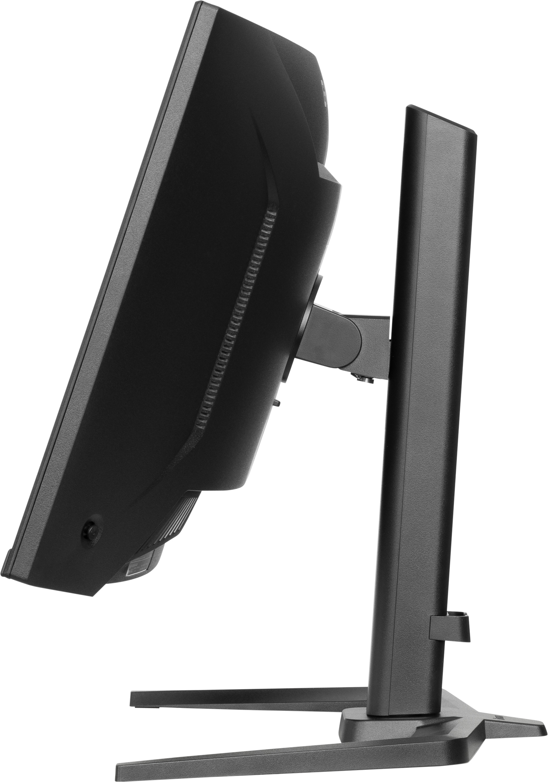 Czarny monitor komputerowy na stojaku. Ekran jest pochylony. Tło jest białe.