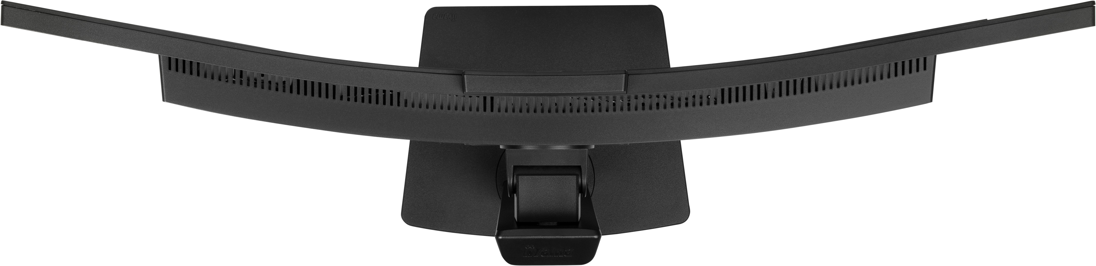 Zakrzywiony czarny monitor z góry. Ma podstawę i otwory wentylacyjne.