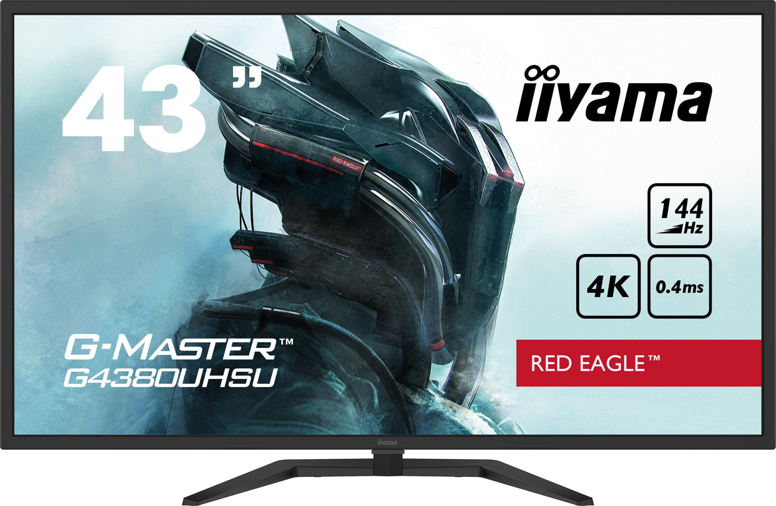 43-calowy monitor Iiyama. Posiada futurystyczny design z motywem Red Eagle, rozdzielczość 4K i częstotliwość odświeżania 144 Hz.