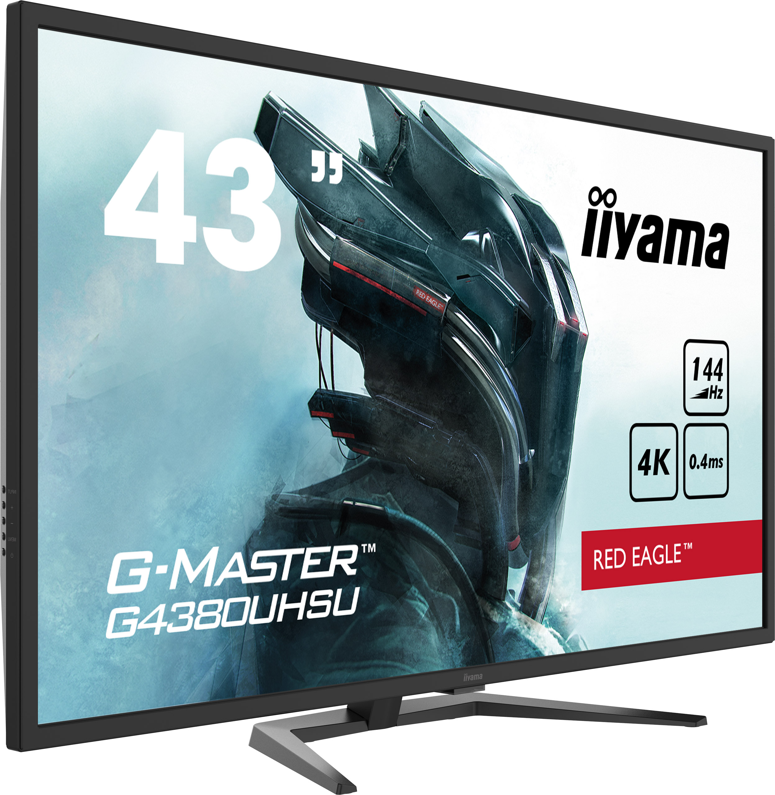 43-calowy monitor iiyama. Ma czarną ramkę, ekran przedstawia futurystyczny design. Widoczne są specyfikacje.