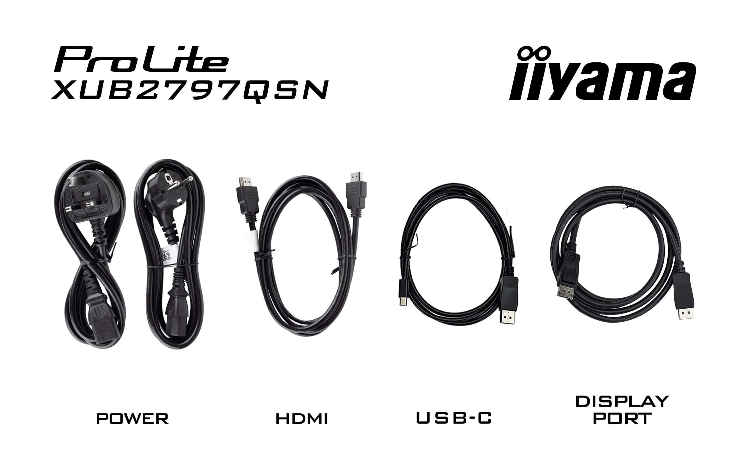 Obrazek przedstawia kable z etykietami zasilanie, HDMI, USB-C i port wyświetlacza. Loga ProLite i iiyama u góry.