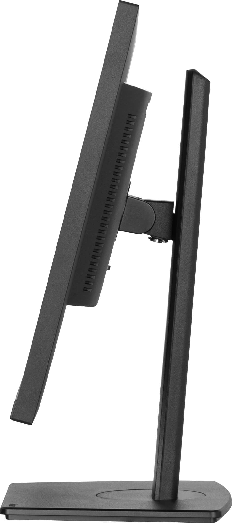 Czarny monitor komputerowy, pochylony, ze stojakiem. Ekran jest wyłączony. Stojak jest pionowy i połączony z ekranem.