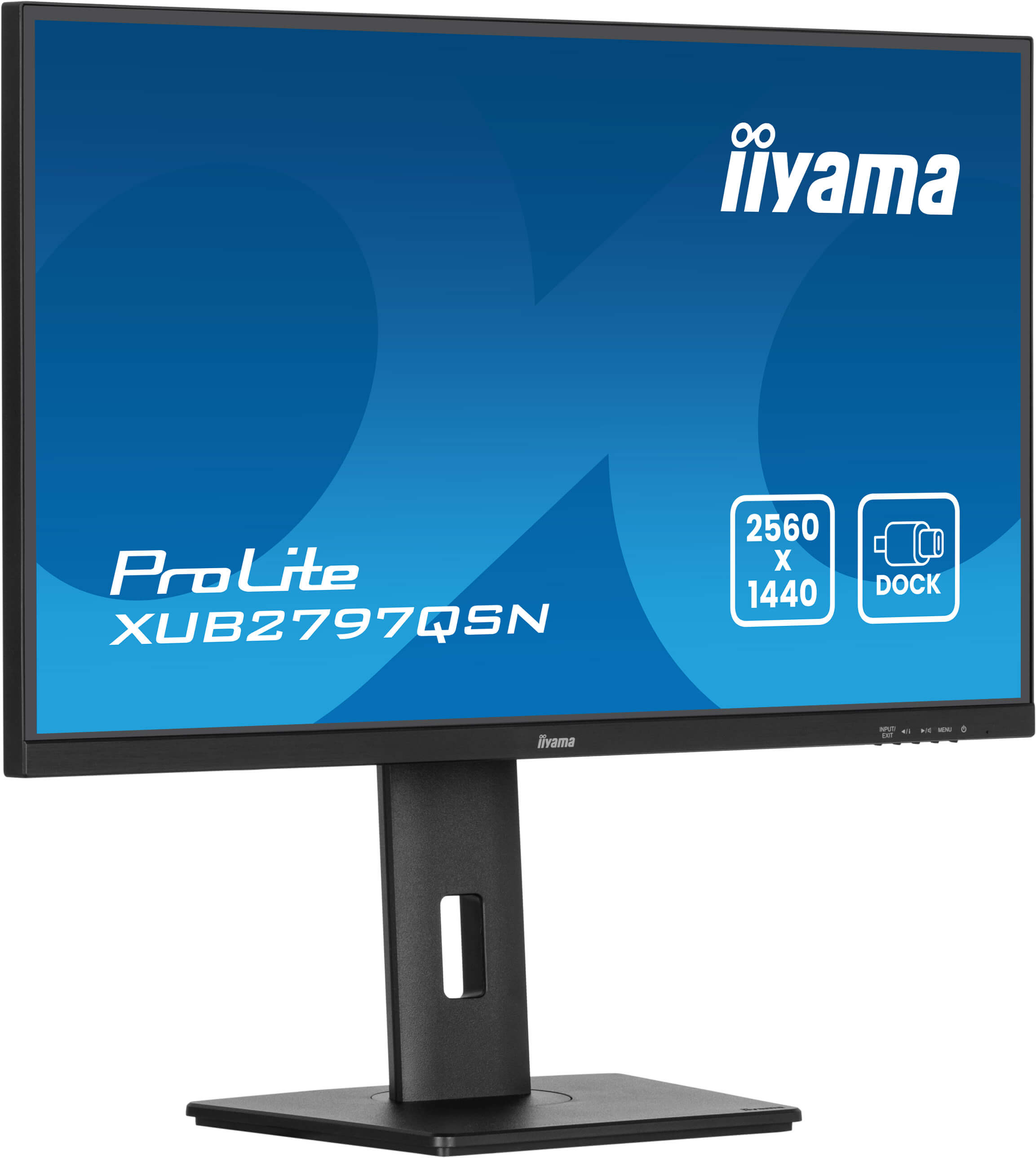Czarny monitor Iiyama ProLite XUB2797QS. Ma niebieski ekran z nazwą marki i specyfikacjami. Stoi na czarnym stojaku.