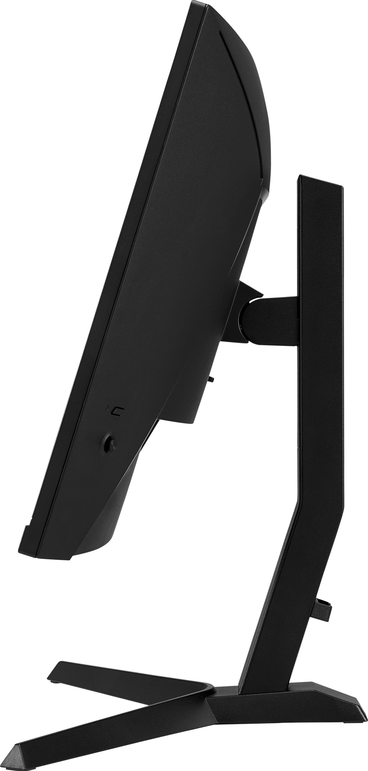 Widok z boku czarnego monitora komputera. Ma szeroki ekran i podstawkę.