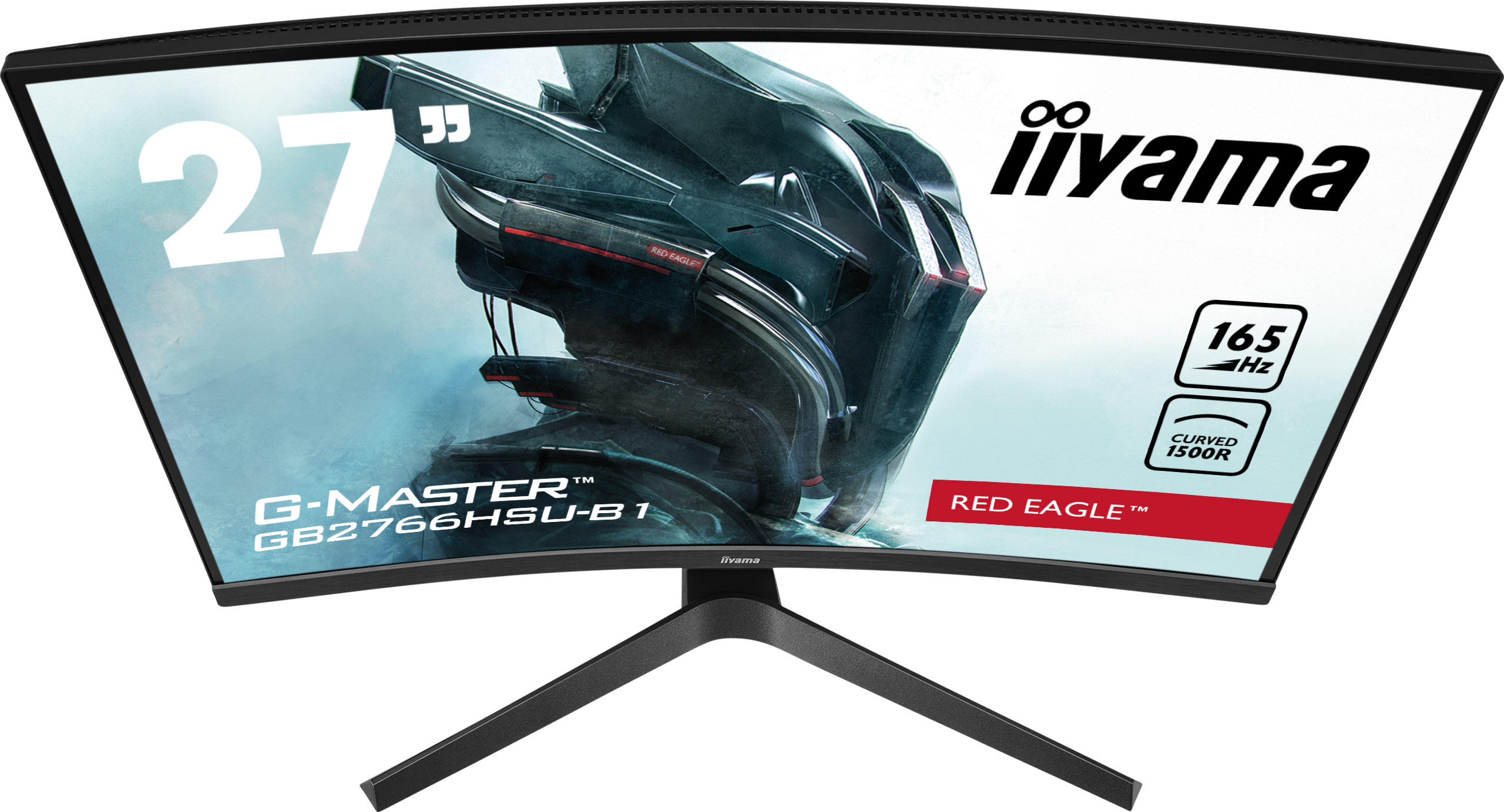 Zakrzywiony monitor Iiyama G-MASTER 27" z futurystycznym designem na ekranie. Cechy: częstotliwość odświeżania 165 Hz i marka Red Eagle.