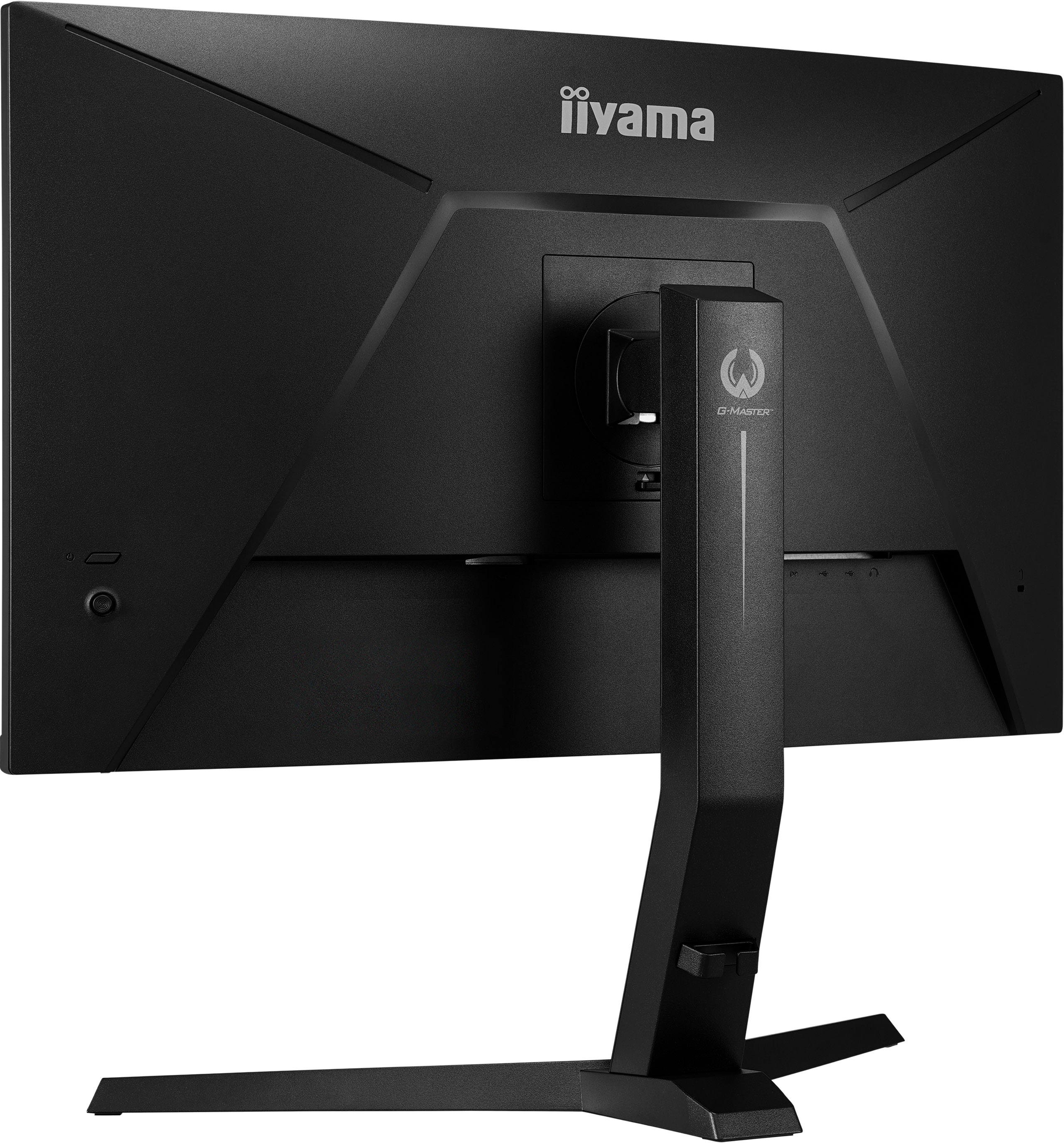 Tył czarnego monitora Iiyama G-Master. Stojak z logo po prawej. Porty monitora po lewej stronie.