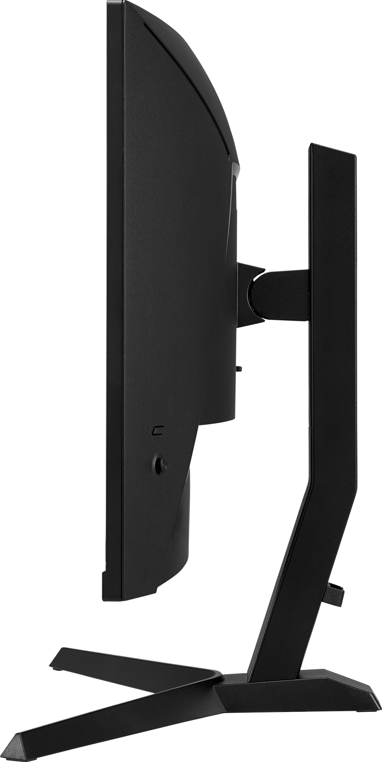 Widok z boku czarnego monitora komputerowego. Ma elegancki design ze stojakiem i zakrzywionym ekranem.