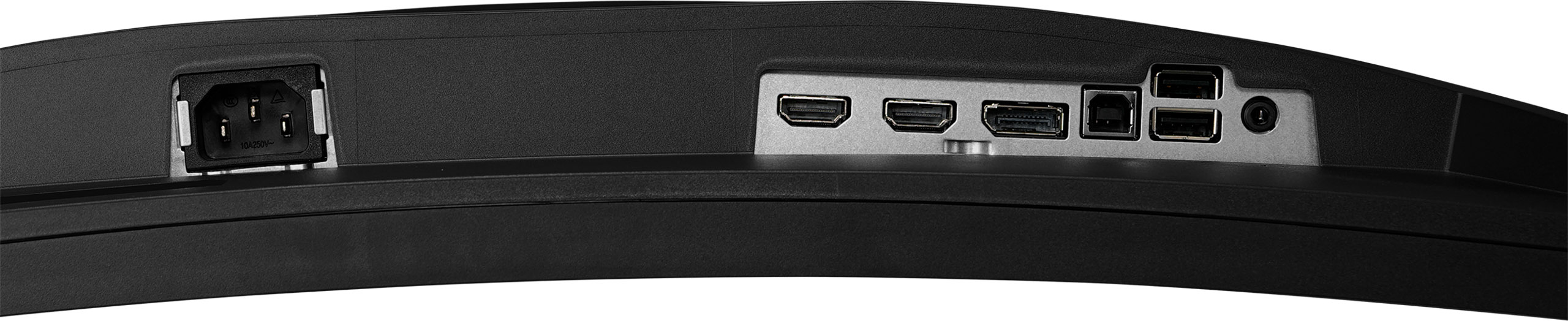 Tył czarnego monitora z zasilaniem i różnymi portami. Widoczne HDMI, USB i wejście zasilania.