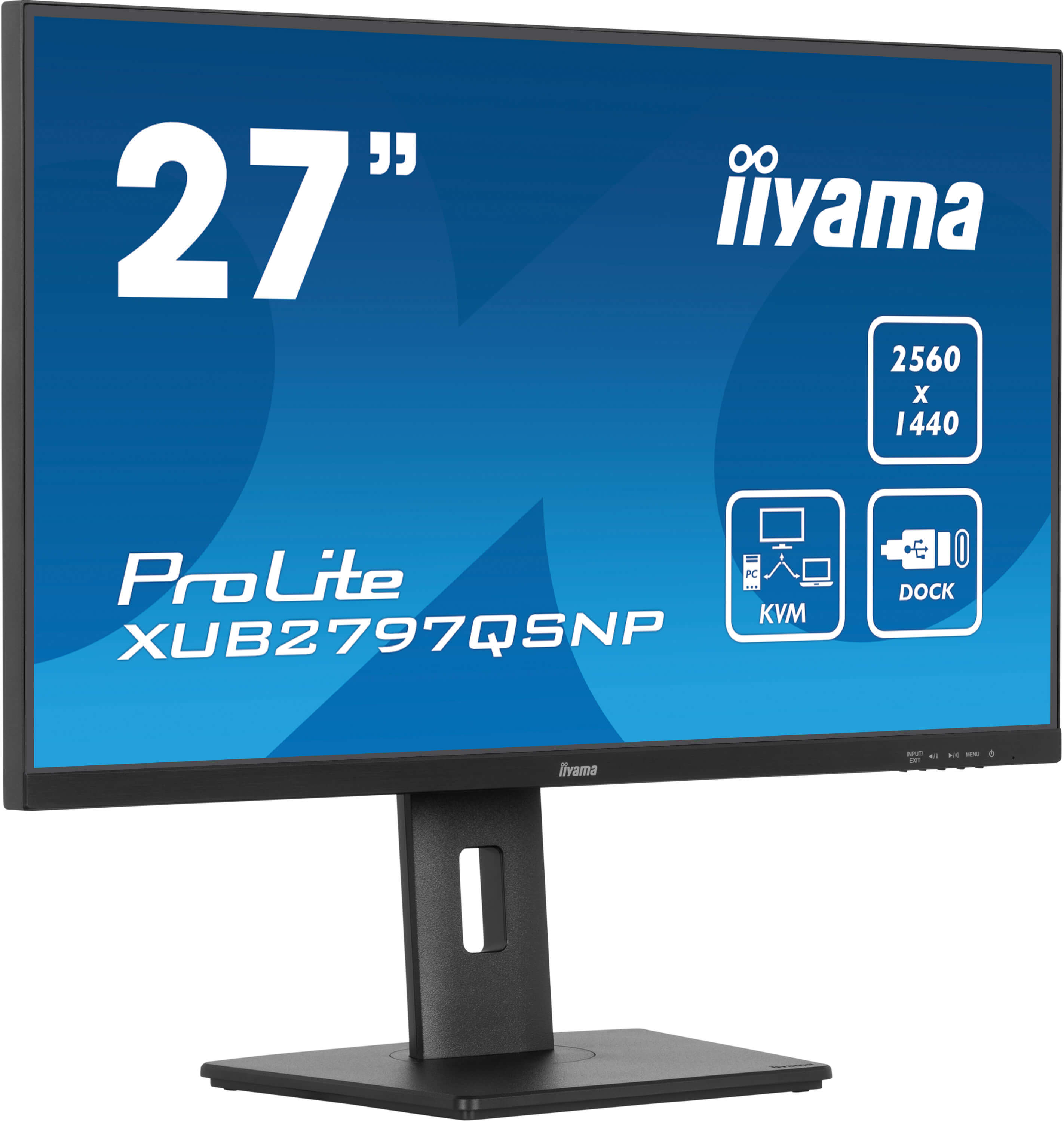 Czarny monitor iiyama 27 cali z niebieskim tłem. Zawiera KVM, stację dokującą i szczegóły rozdzielczości. Monitor ma stojak.