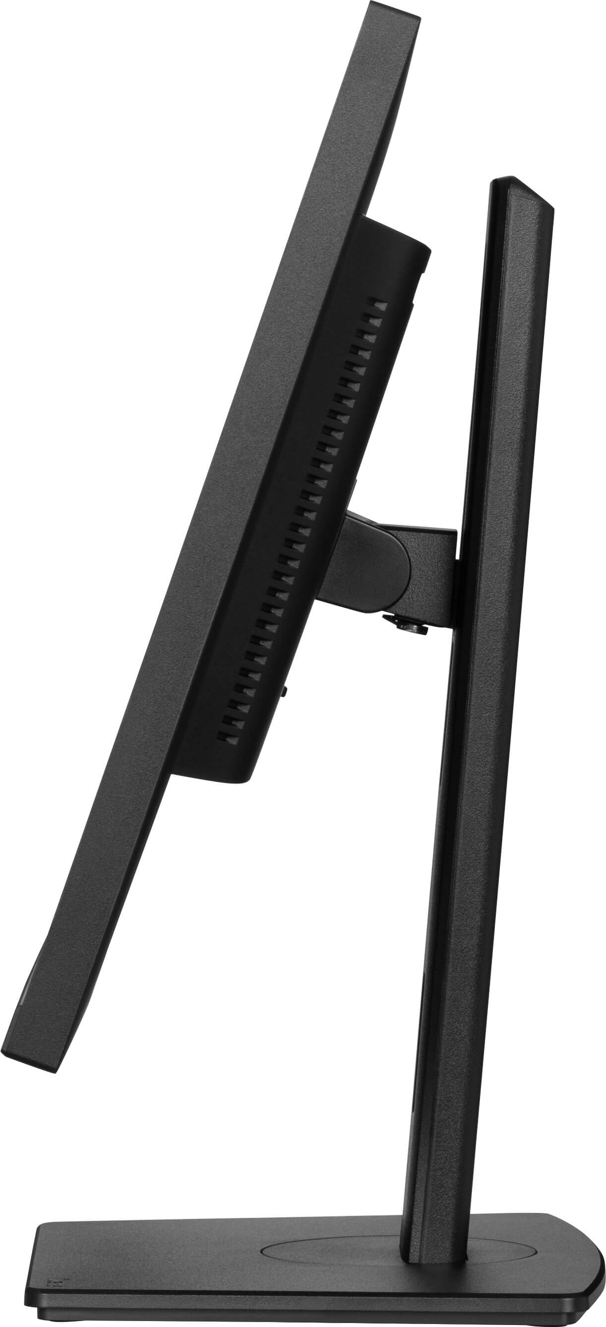 Czarny monitor komputerowy, widok z boku. Ma cienką ramkę, podstawkę i podstawę.