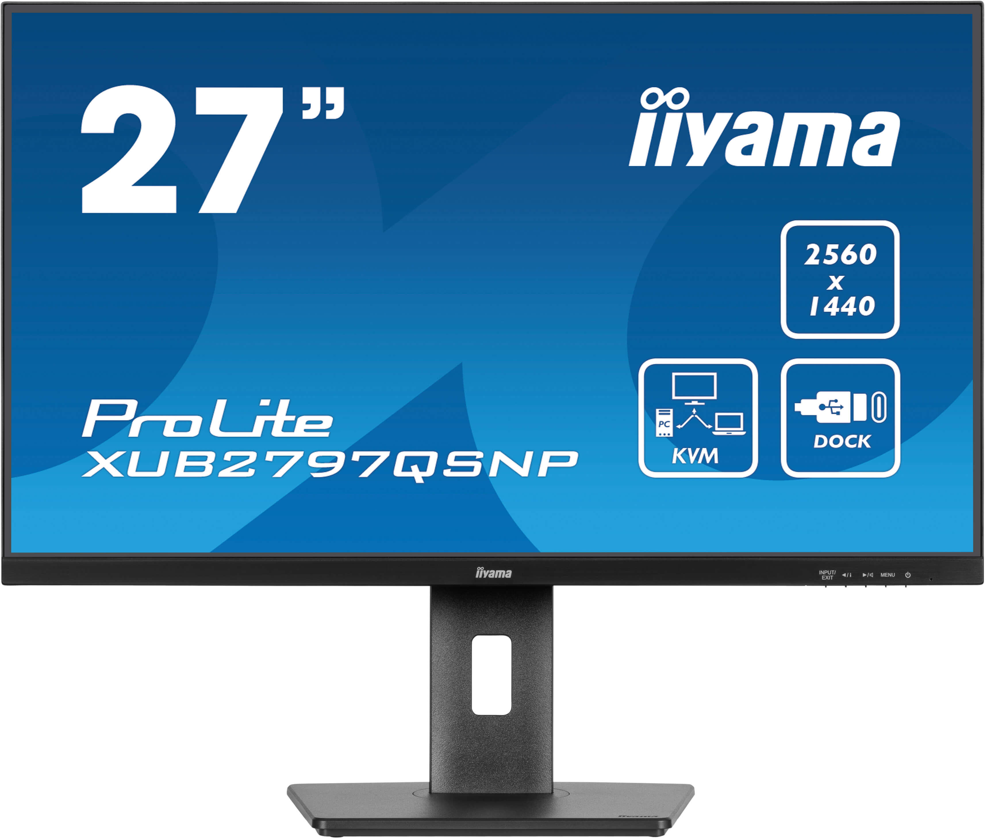 27-calowy monitor iiyama ProLite. Rozdzielczość 2560x1440, KVM i stacja dokująca. Czarny stojak.