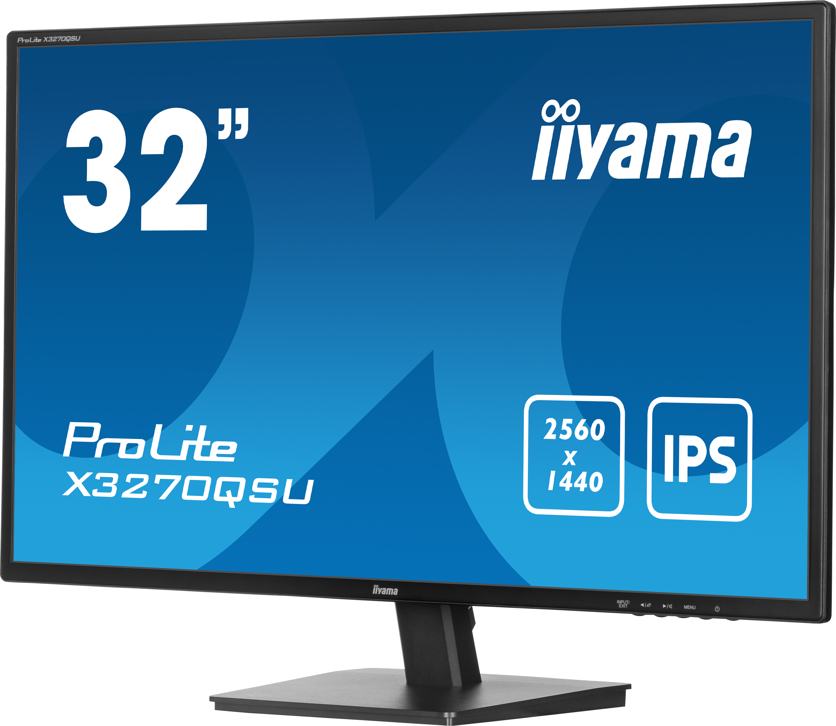 32-calowy monitor Iiyama ProLite z niebieskim ekranem. Wyświetla model, rozdzielczość i technologię IPS.