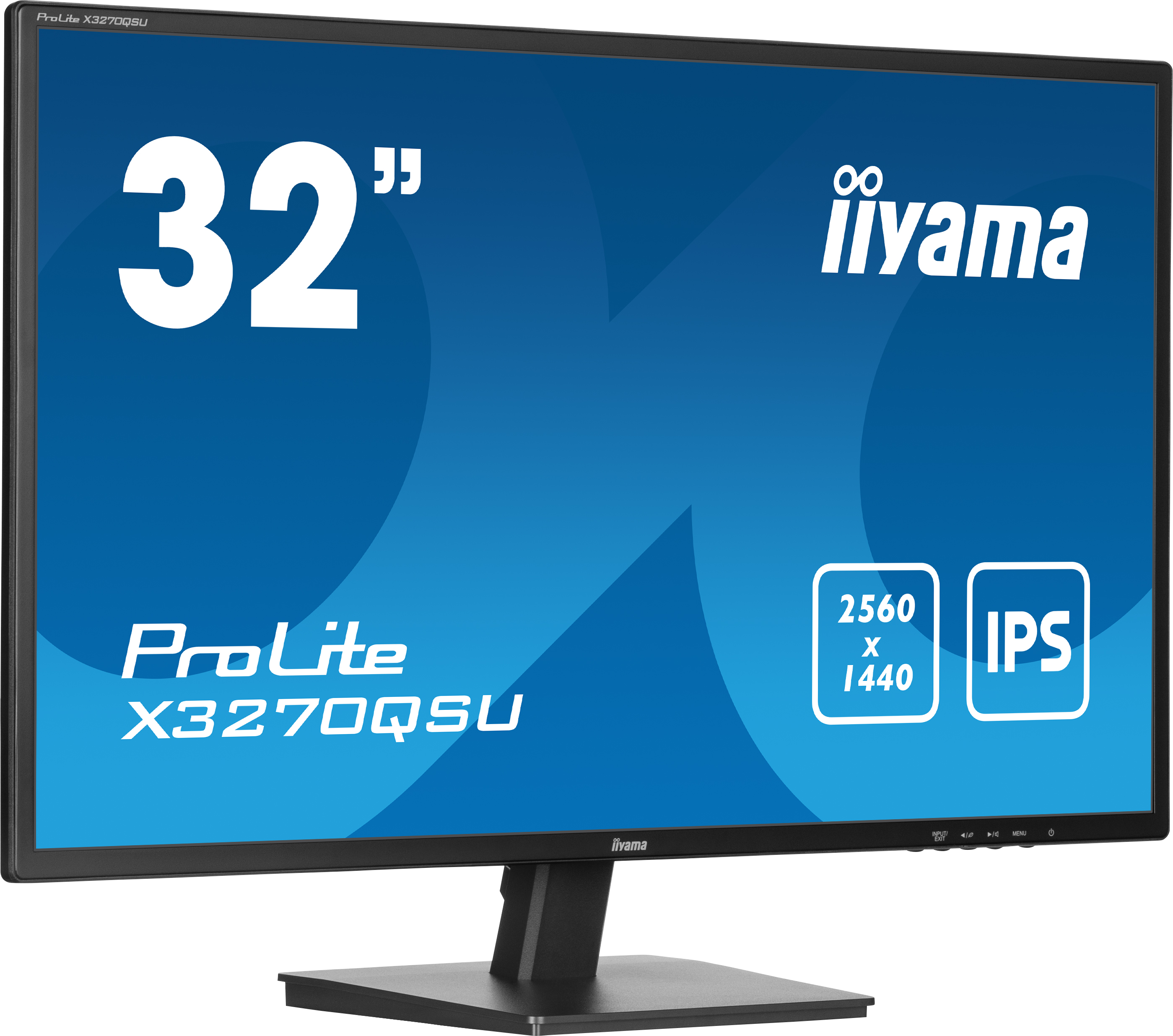 32-calowy monitor iiyama ProLite. Ma niebieskie tło, biały tekst oraz czarną ramę i podstawkę. Wyświetlane są specyfikacje.