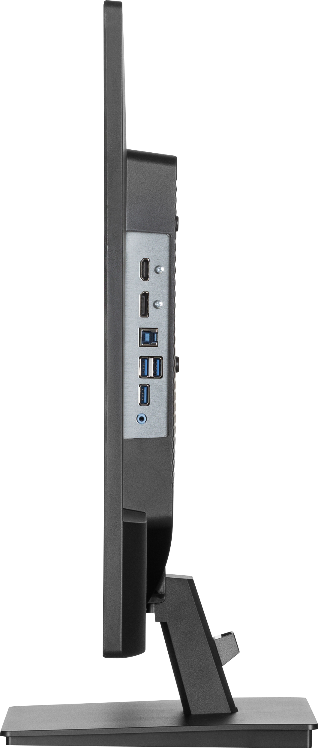 Widok z boku czarnego monitora komputera. Widoczne są porty, w tym HDMI, USB i audio. Monitor stoi na czarnej podstawce.