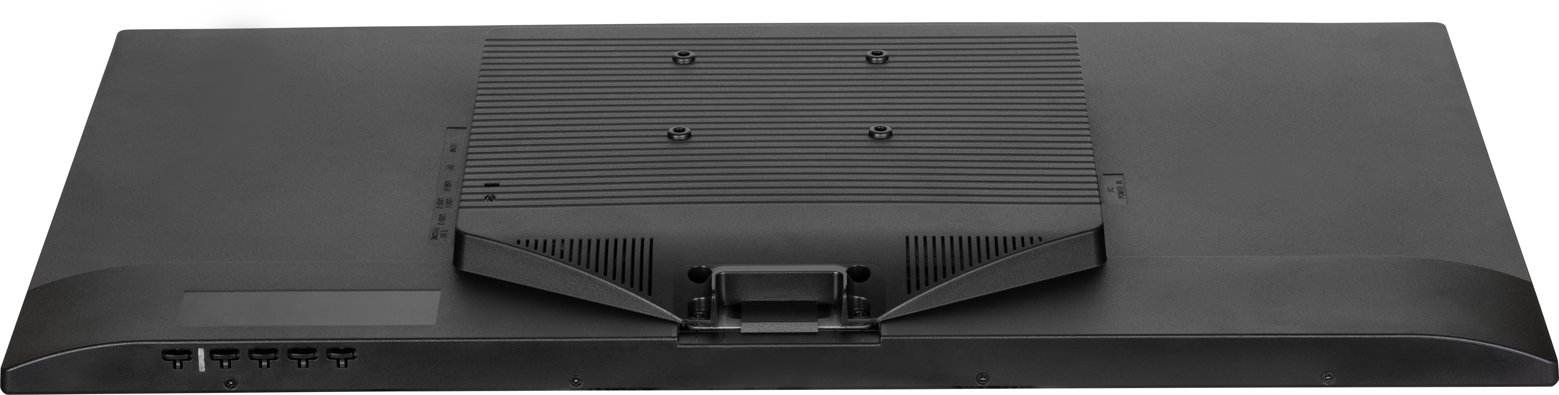 Tył czarnego monitora komputerowego, z portami, wspornikiem montażowym i wentylacją. Widoczne śruby i porty.