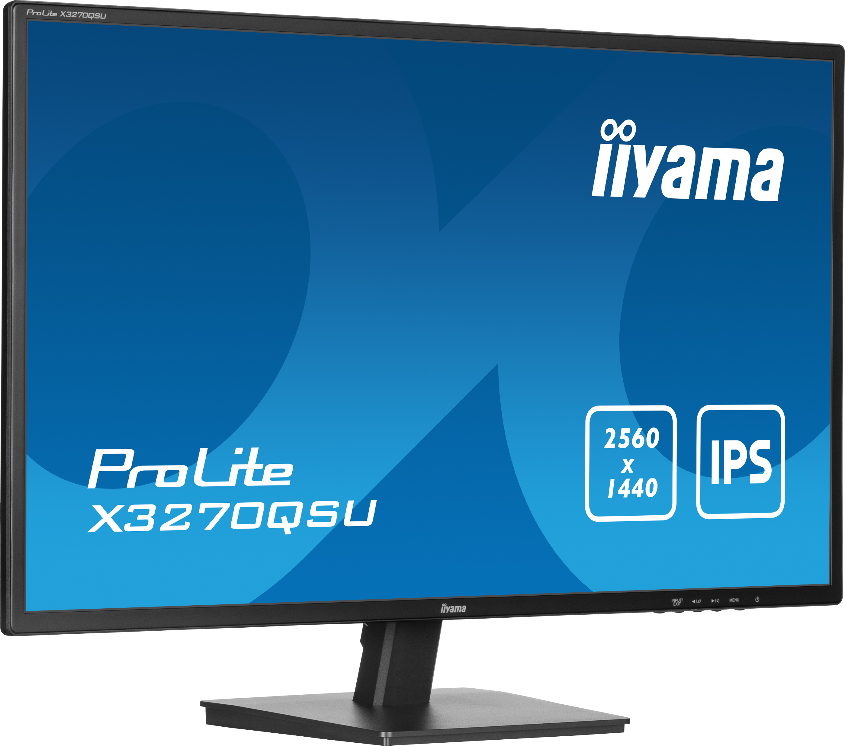 Czarny monitor iiyama ProLite. Ekran wyświetla niebieski z białym tekstem i ikonami. Ma czarną podstawę.