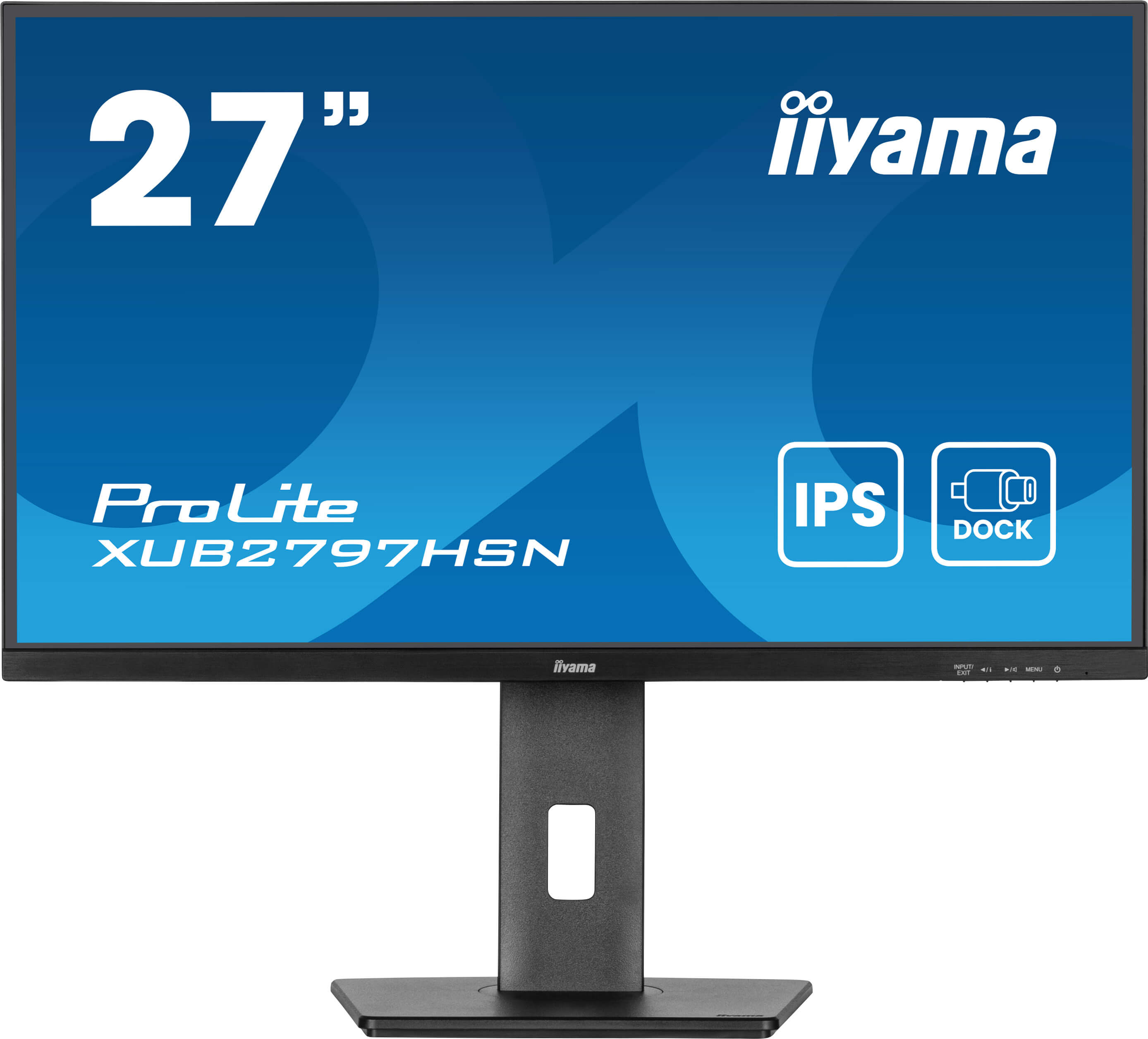 27-calowy monitor iiyama, czarna ramka i podstawa, z niebieskim tłem. Posiada 'ProLite', 'XUB2797HSN' i 'IPS' na ekranie.