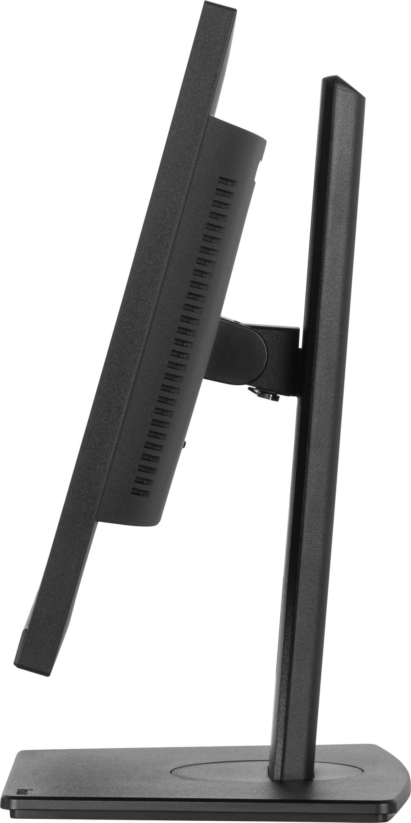 Czarny monitor komputera pokazany z boku, ze stojakiem. Ma cienką ramkę i prostokątny kształt.