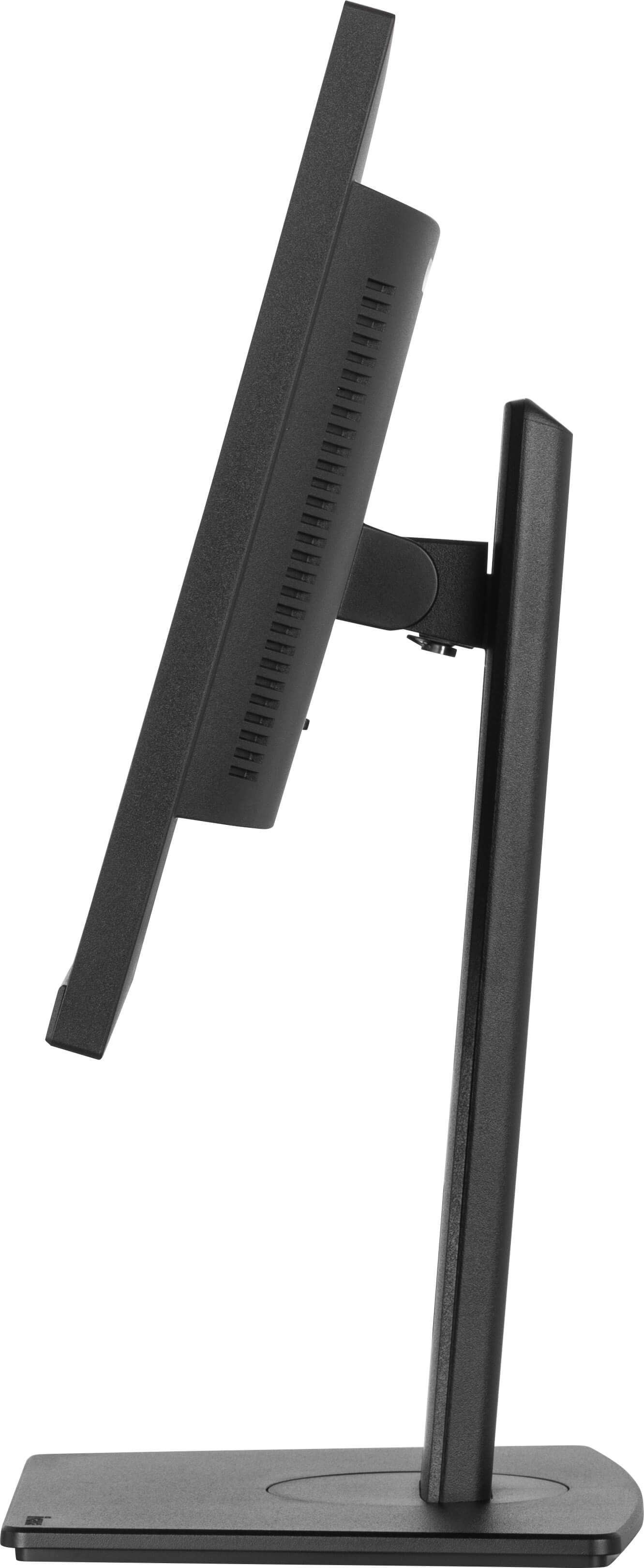 Czarny monitor komputera pochylony w lewo. Ma stojak i podstawę. Tło jest białe.