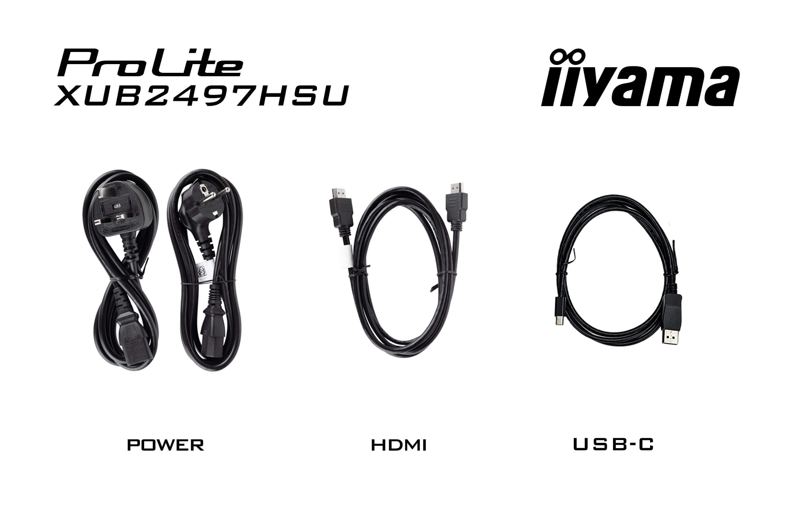 Obraz przedstawia kable zasilające, HDMI i USB-C. Widoczne są również logo ProLite i iiyama.
