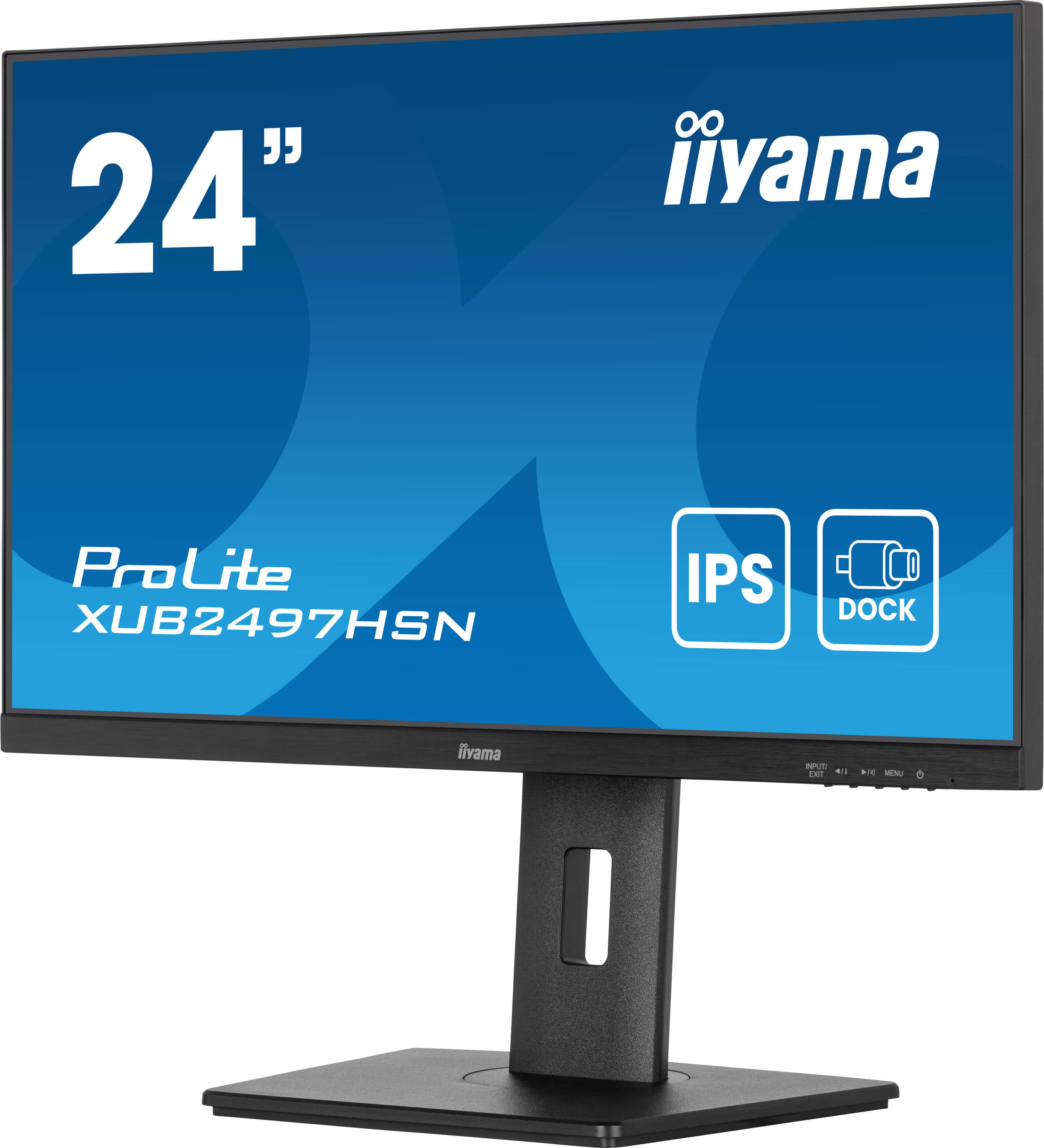 24-calowy monitor iiyama ProLite. Ma czarną ramkę, niebieski ekran i różne etykiety tekstowe.