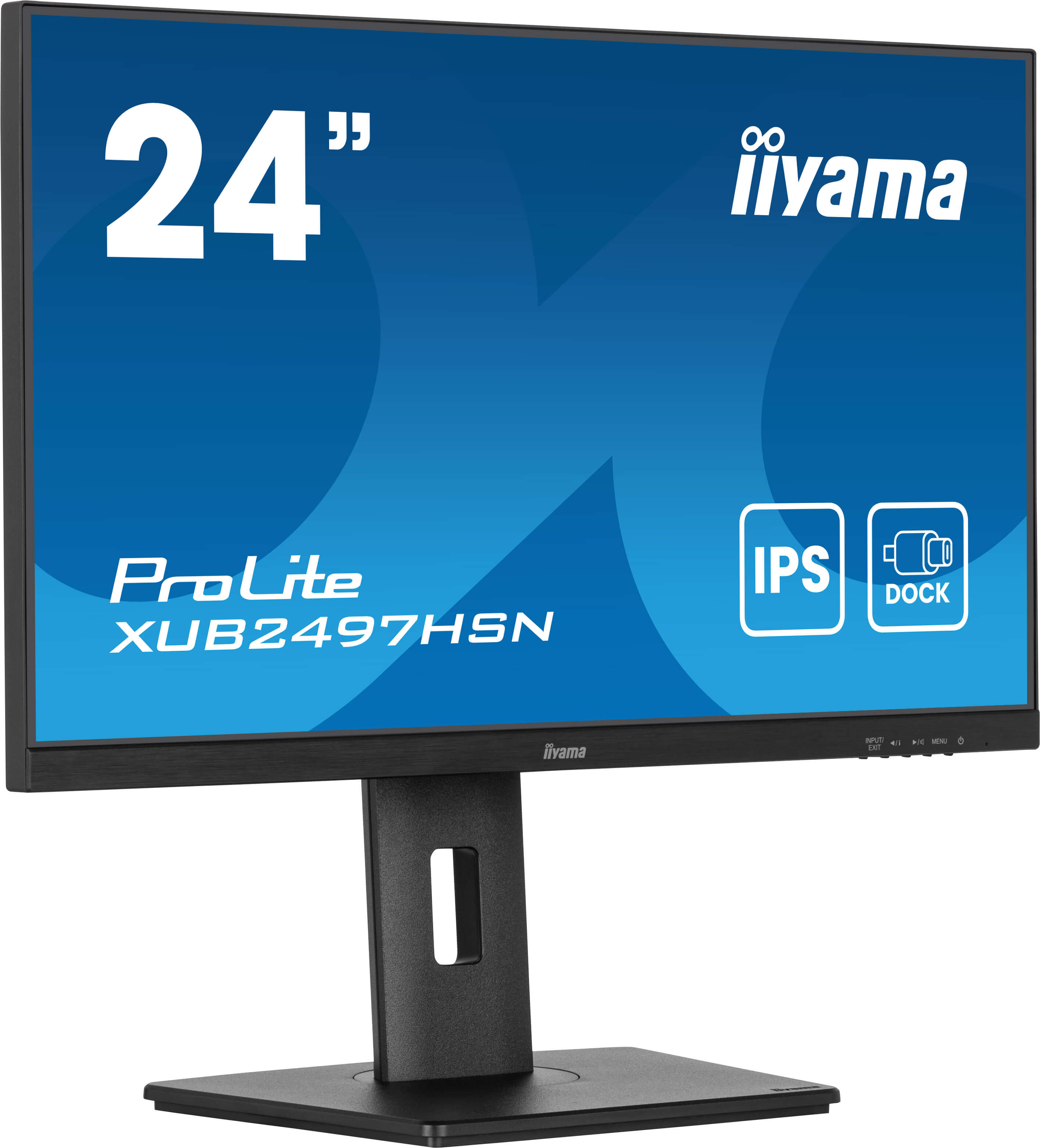 24-calowy monitor iiyama ProLite z funkcjami IPS i dokowania. Ma czarną ramkę i podstawę, z niebieskim tłem.
