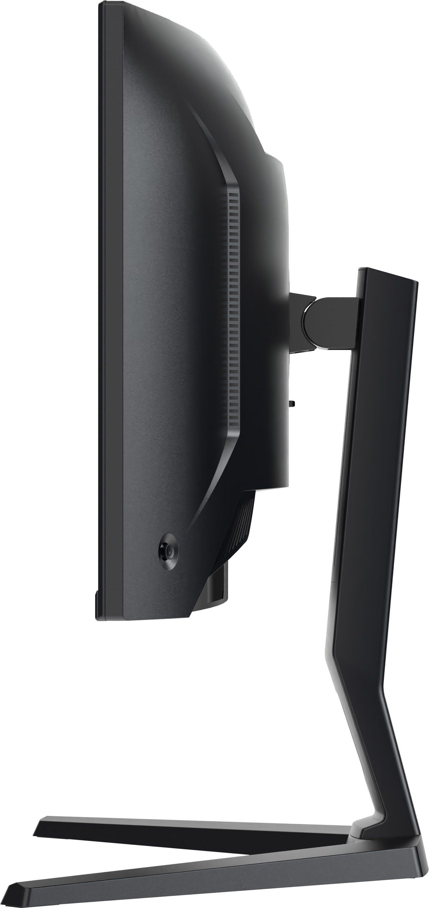 Czarny monitor komputerowy widziany z boku, ze stojakiem. Monitor ma zakrzywiony ekran i jest zamontowany na stojaku.