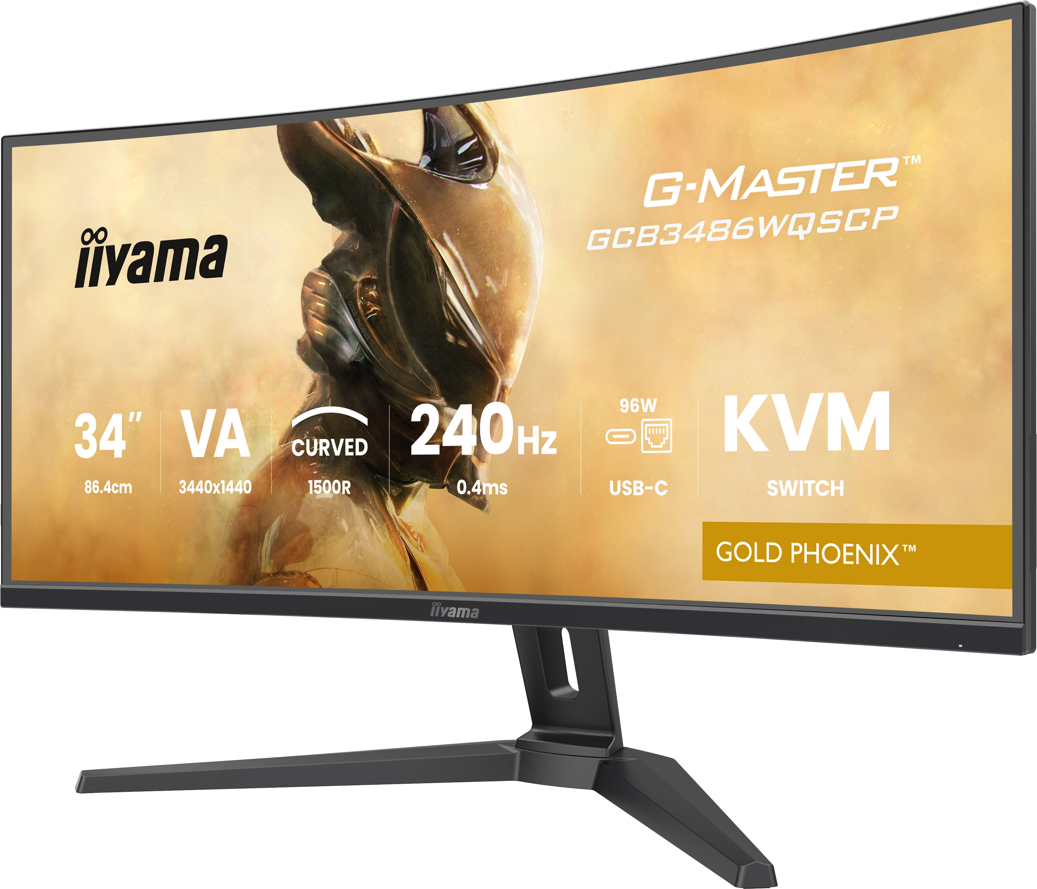 Zakrzywiony monitor iiyama. Czarna ramka, złote tło. Wyświetla specyfikacje: 34", 240Hz, przełącznik KVM.
