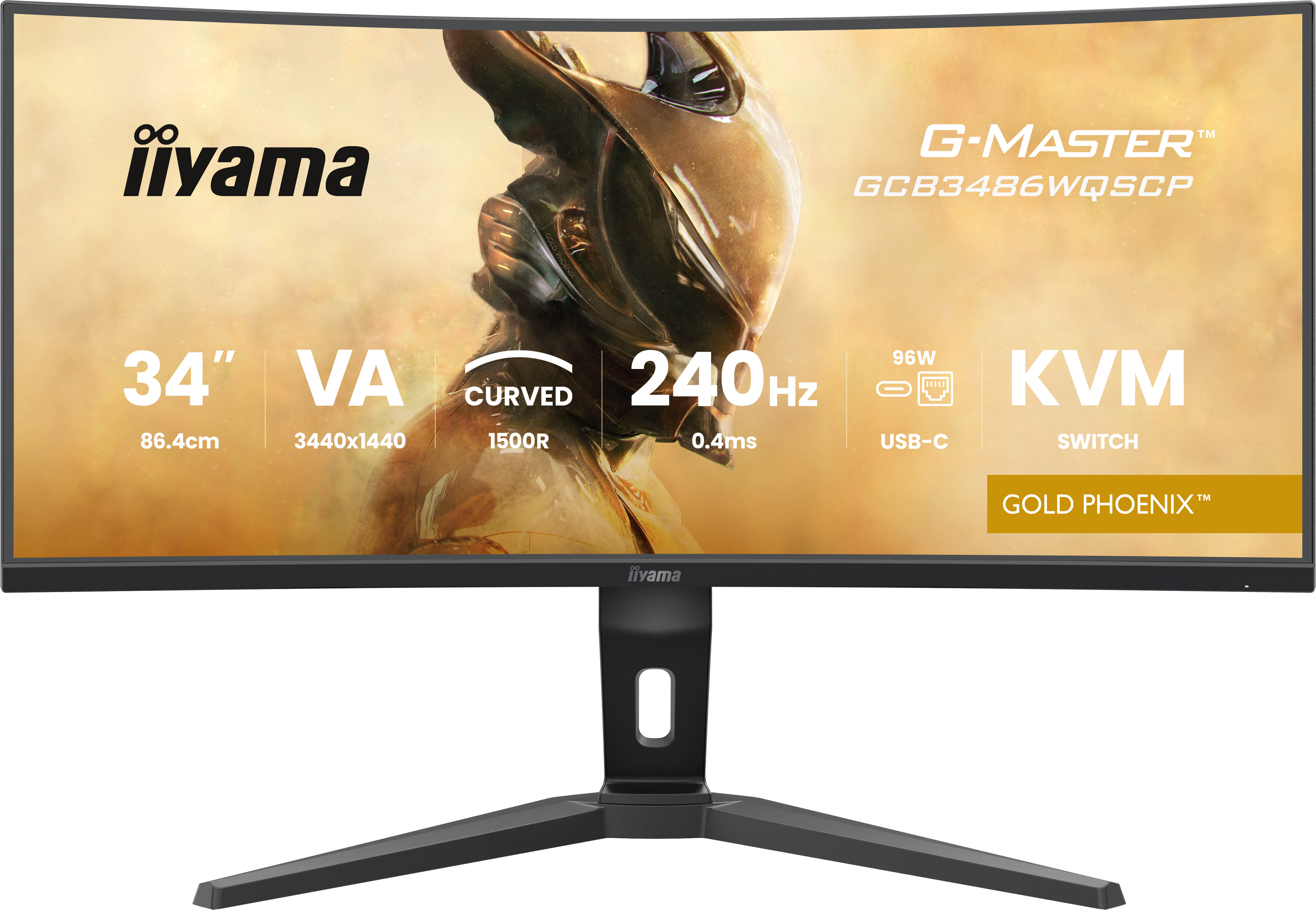 Zakrzywiony monitor iiyama. Ma czarną podstawę. Ekran wyświetla specyfikacje: 34", 240Hz, VA, przełącznik KVM. Napisano Gold Phoenix.