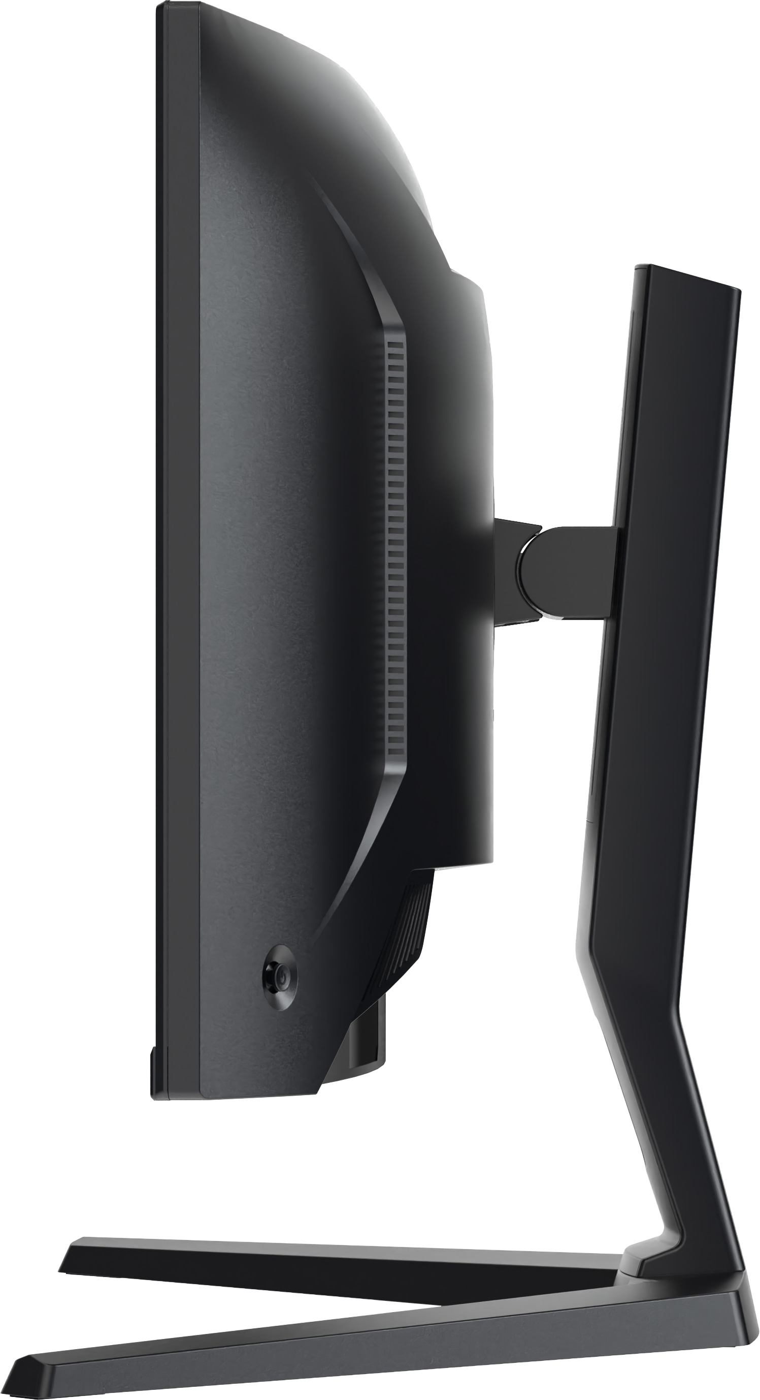 Widok z boku czarnego monitora komputerowego. Ma podstawkę i zakrzywioną tylną część. Monitor jest na białym tle.