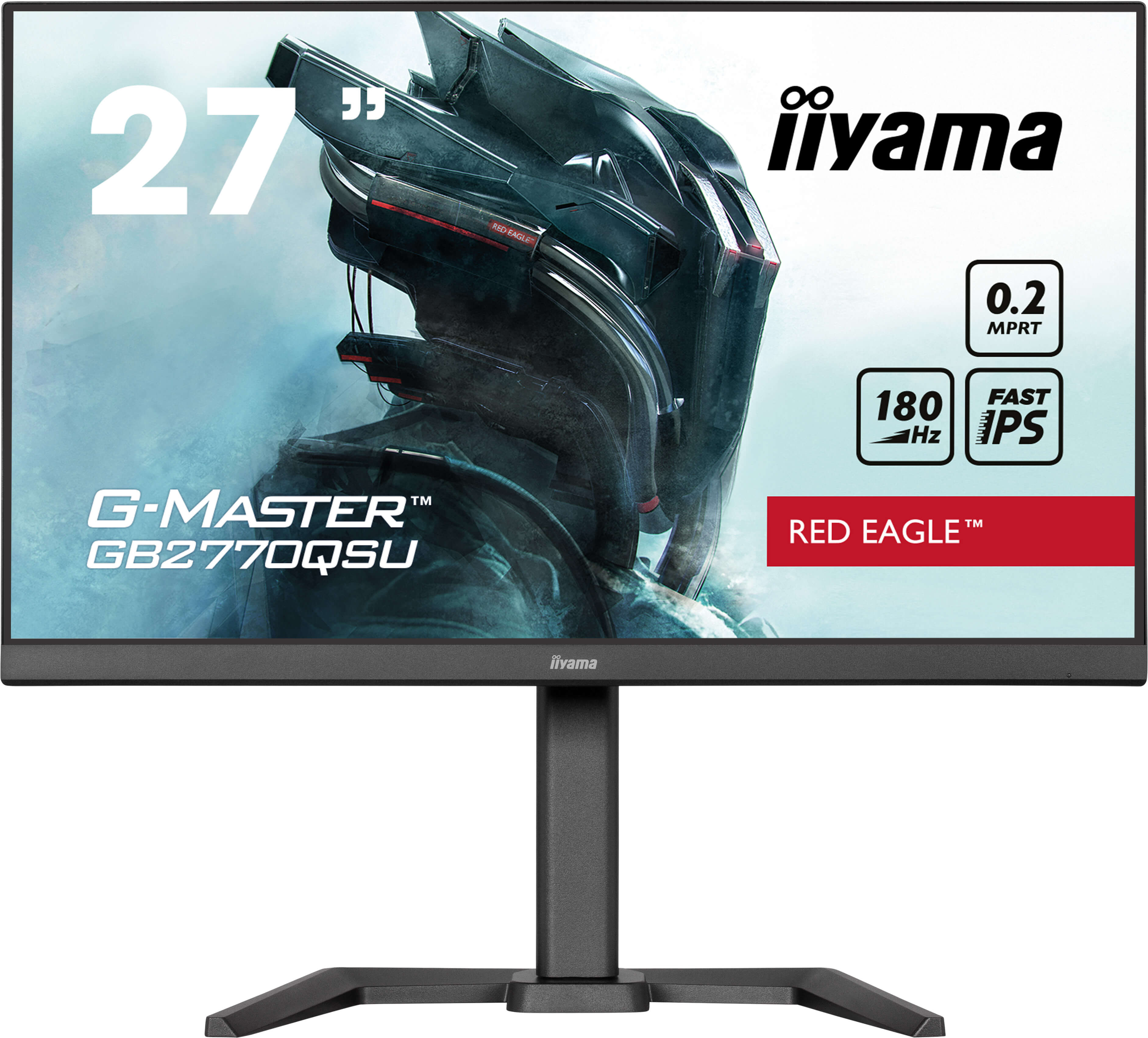 Czarny monitor Iiyama ze stojakiem. Ma 27-calowy wyświetlacz i widoczny jest tekst "G-MASTER" i "RED EAGLE".