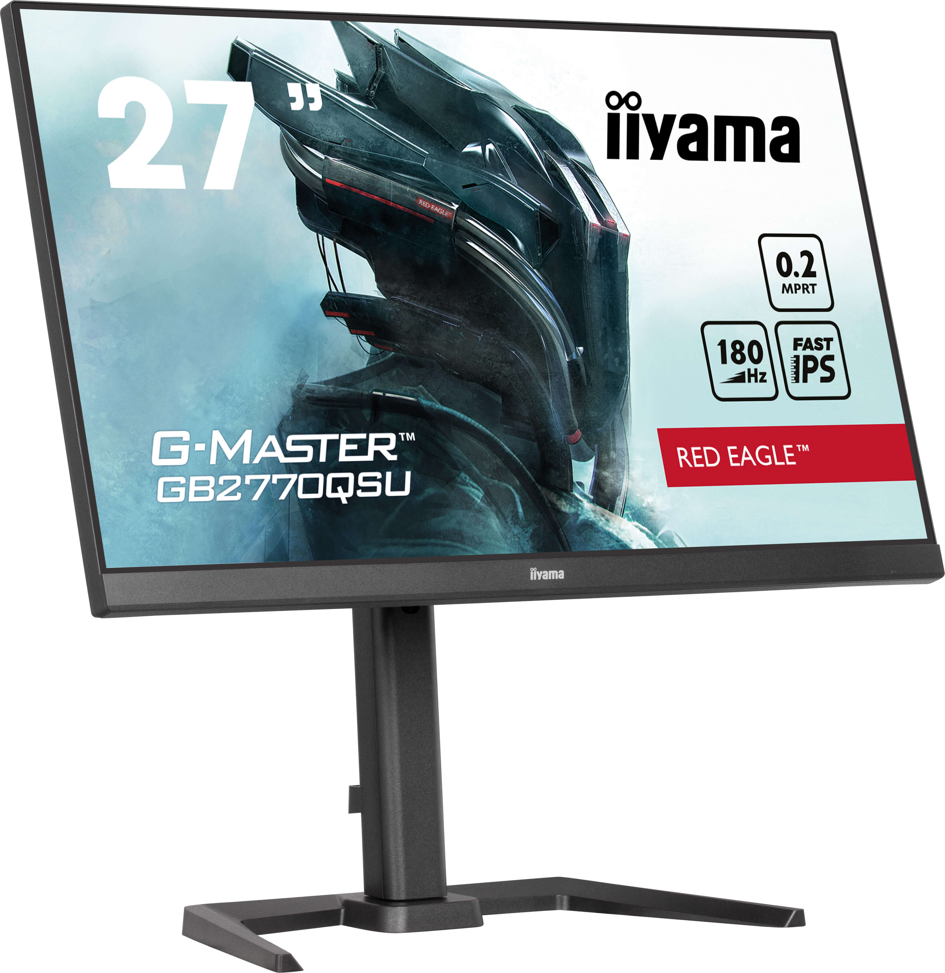 27-calowy monitor Iiyama z czarną podstawą. Ekran wyświetla model G-MASTER GB2770QSU. Tło to futurystyczny design.