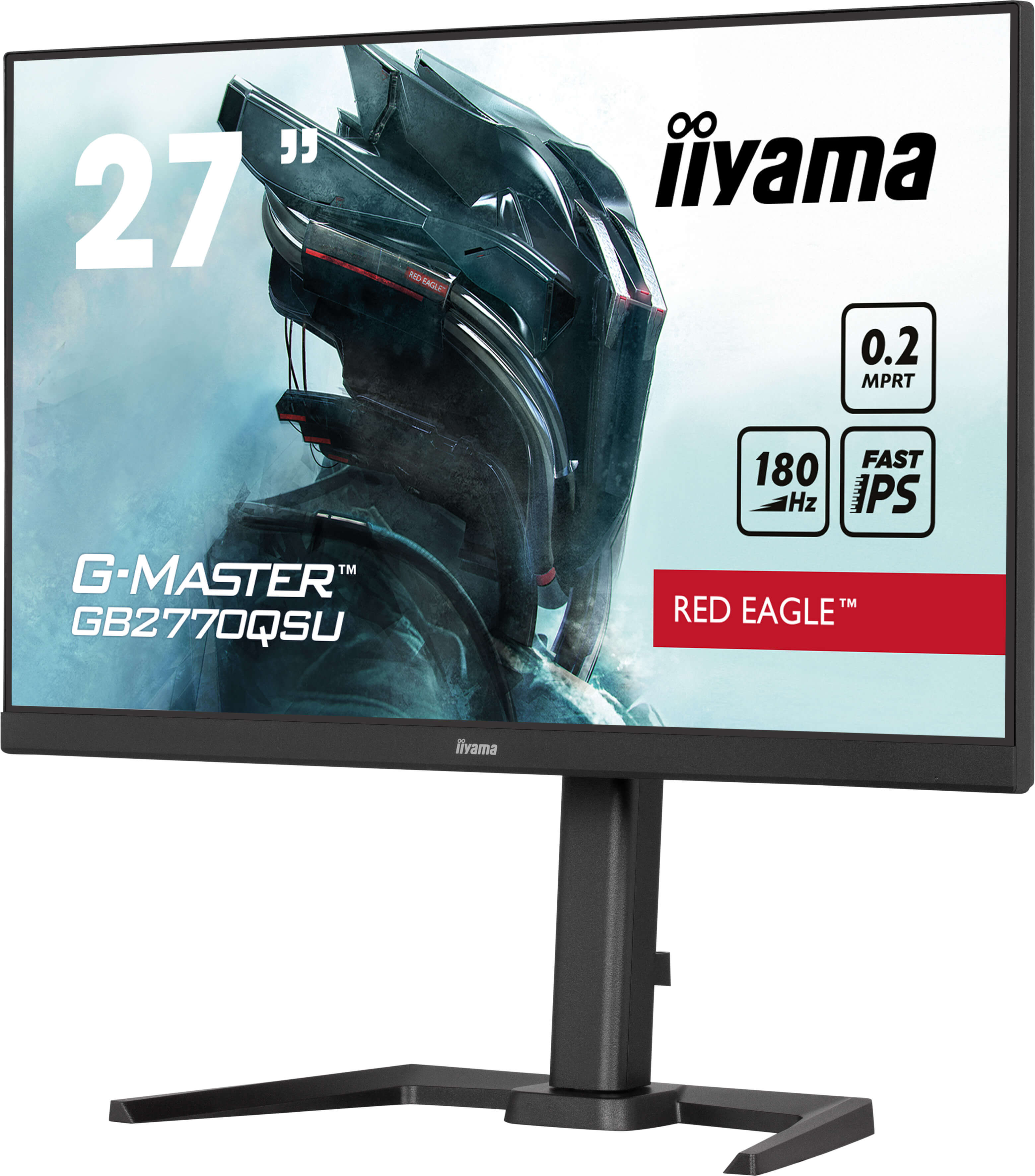 Czarny monitor iiyama wyświetla futurystyczny obraz. Ma tekst '27', 'G-MASTER' i inne specyfikacje.