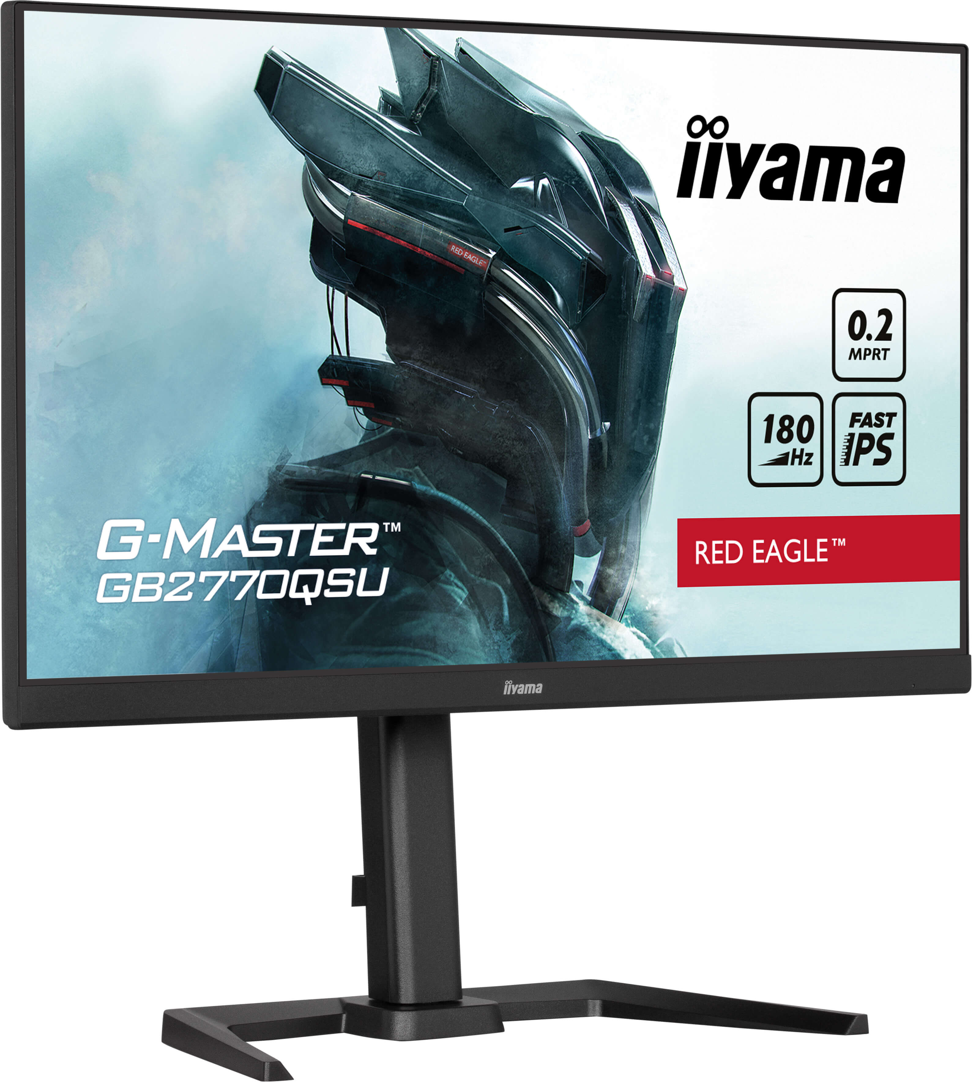Czarny monitor iiyama o futurystycznym designie z tekstem 'G-MASTER GB2770QSU' na ekranie.
