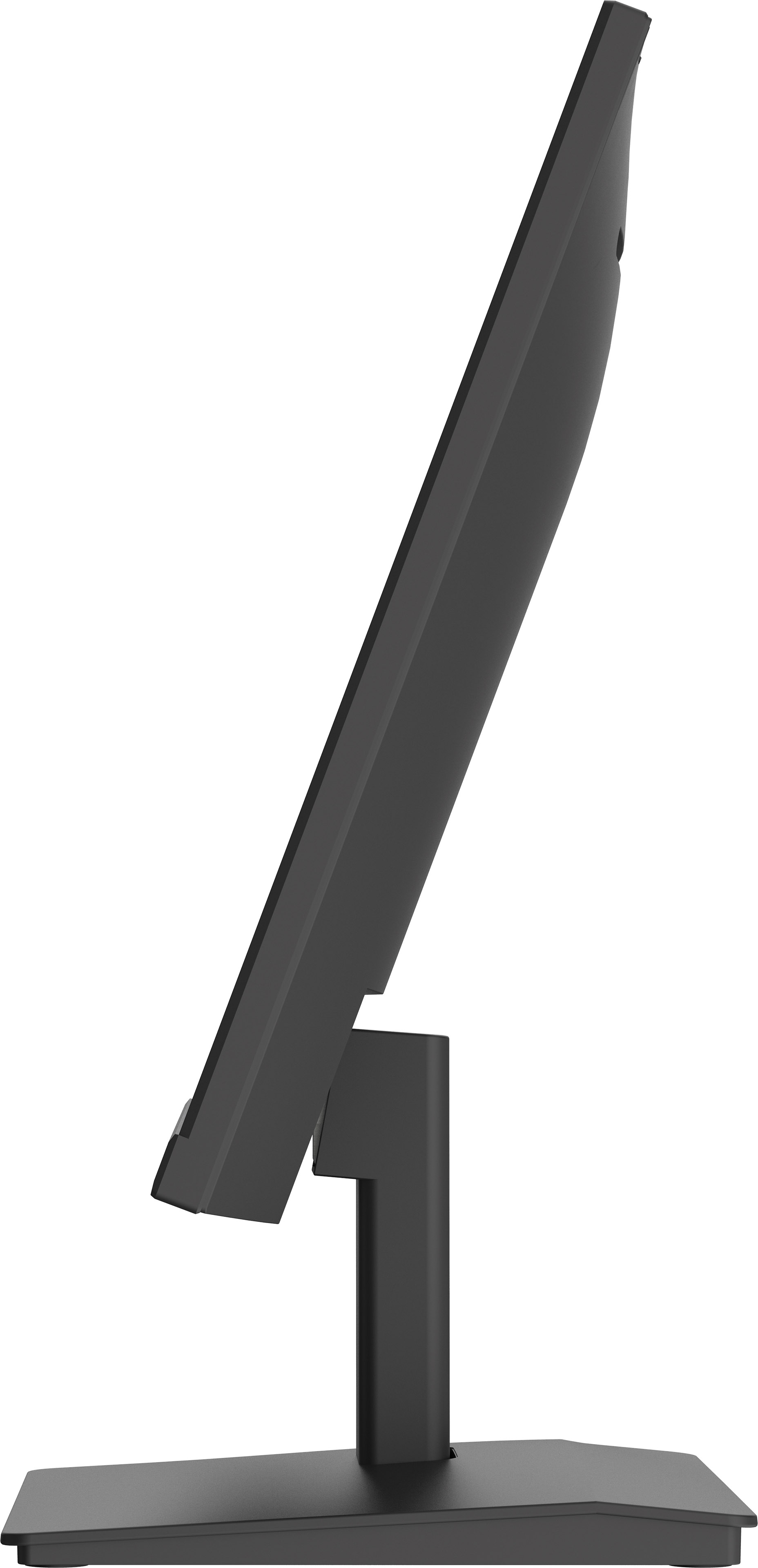 Czarny monitor komputera widziany z boku. Jest na stojaku, z pochylonym ekranem. Tło jest białe.