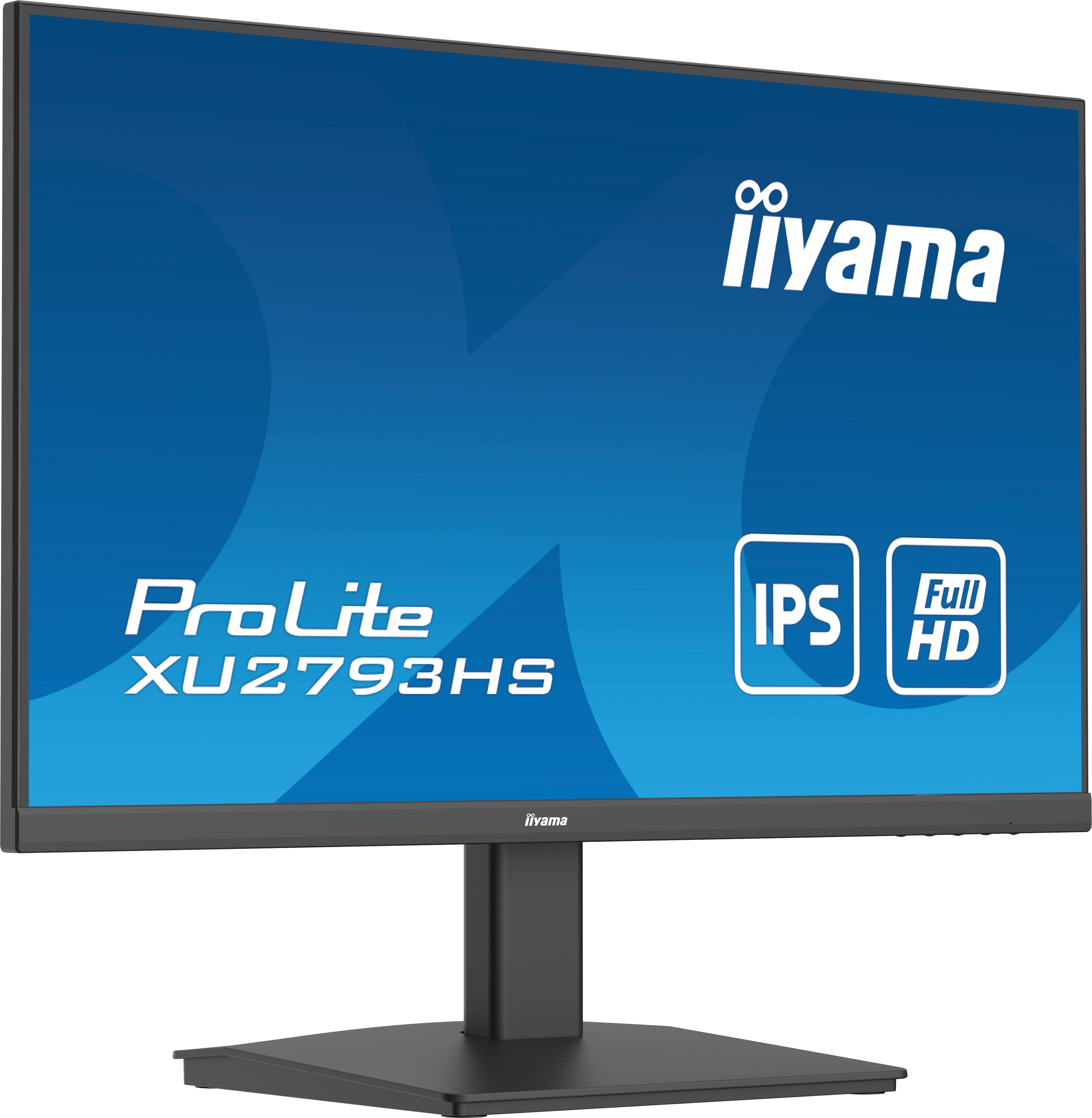 Czarny monitor Iiyama wyświetla niebieskie tło. Wyświetla model ProLite, IPS i szczegóły Full HD.