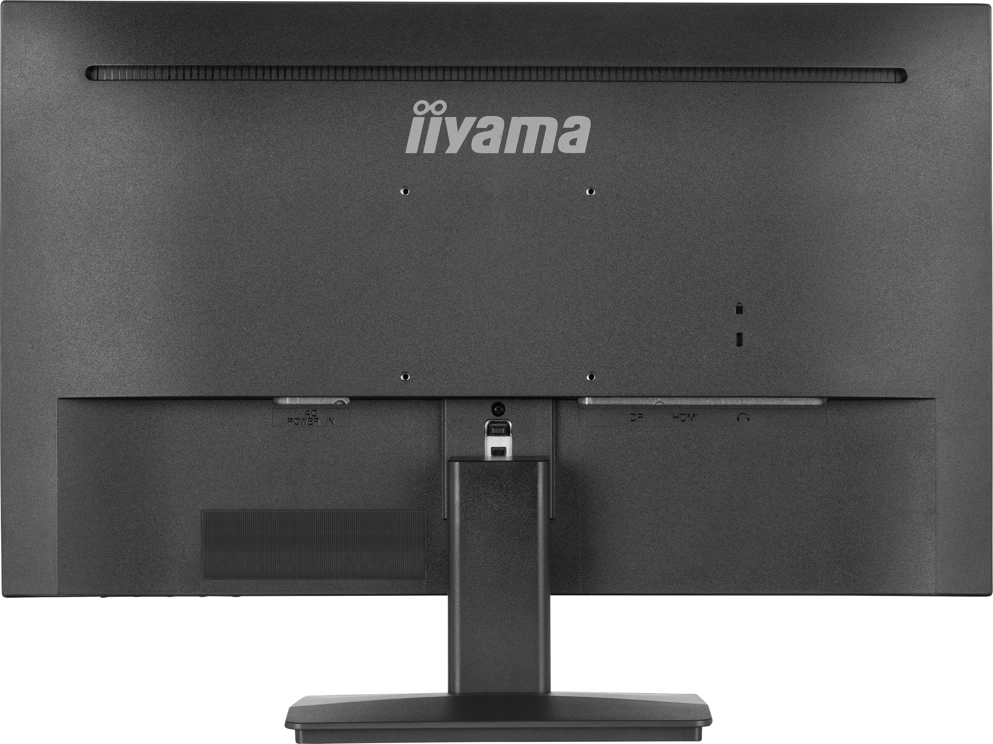 Tył czarnego monitora iiyama. Posiada porty zasilania, DP, HDMI i podstawę.