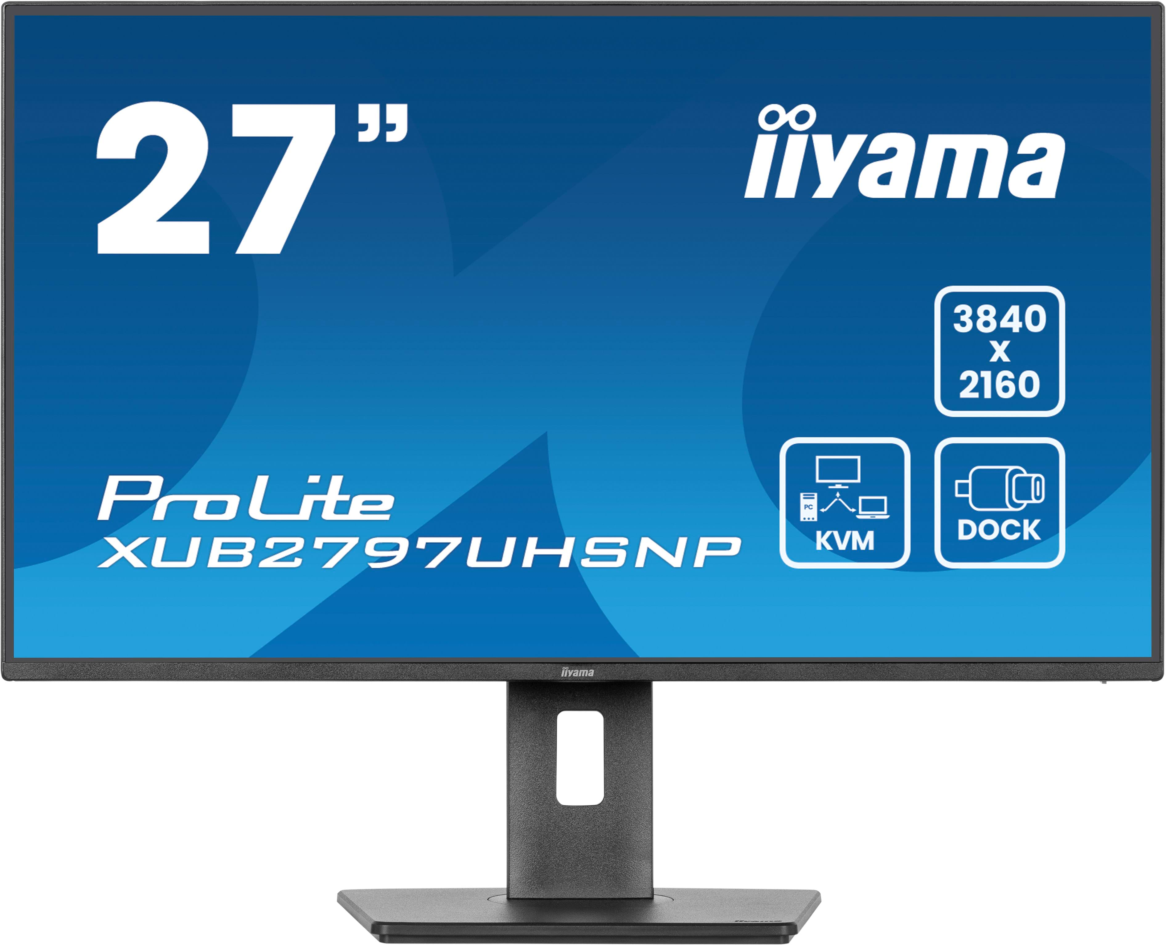 27-calowy monitor iiyama ProLite na stojaku. Ma niebieskie tło z rozdzielczością 3840x2160.