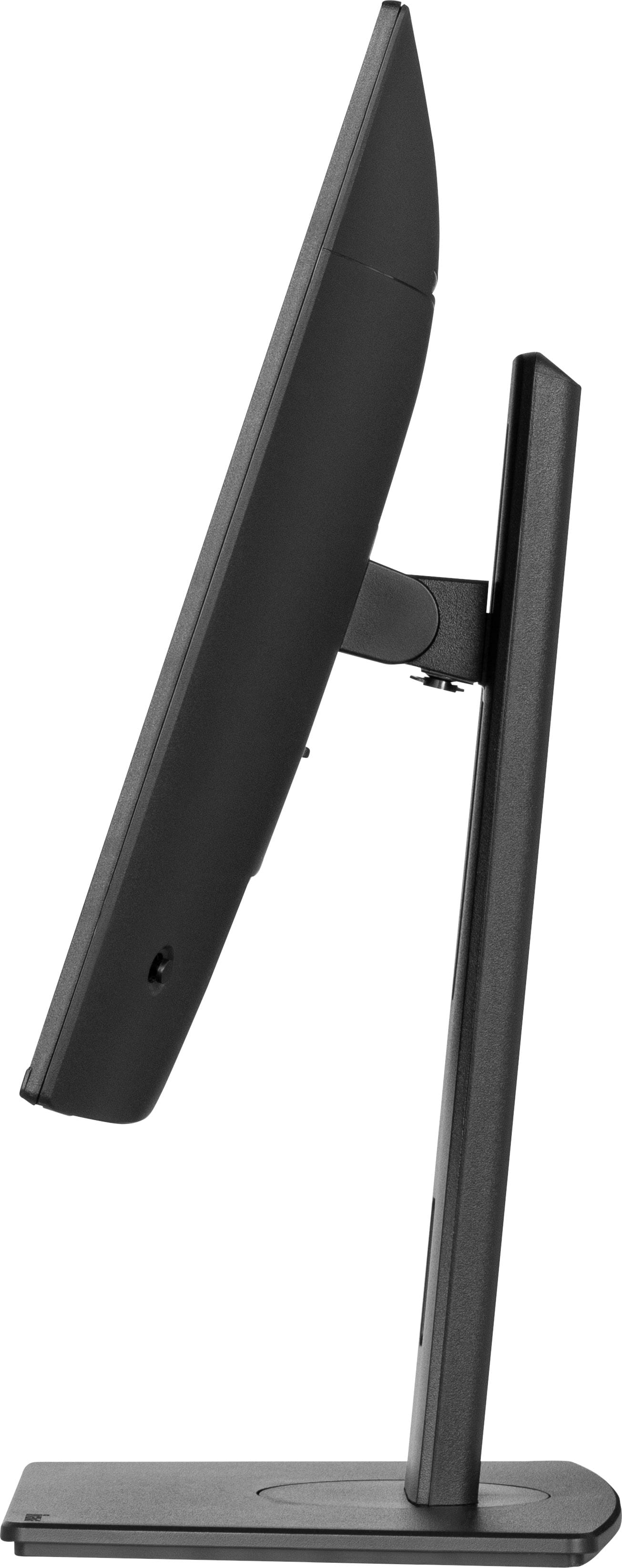 Czarny monitor komputera, pochylony. Ma czarną podstawę i stojak. Tło jest białe.