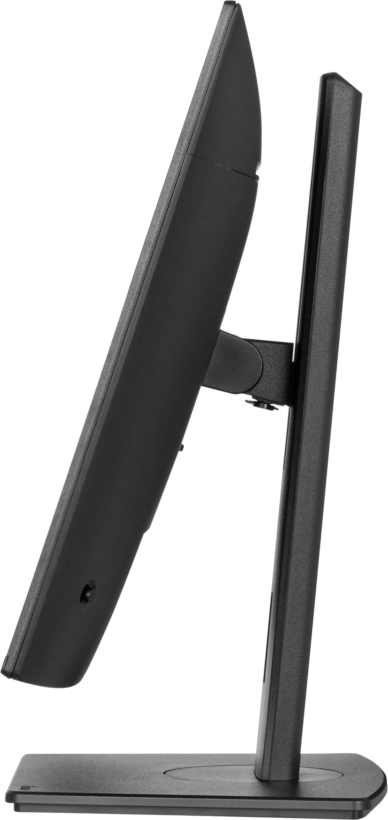Widok z boku czarnego monitora komputera. Ekran jest pochylony, pokazując bok i stojak. Tło jest białe.
