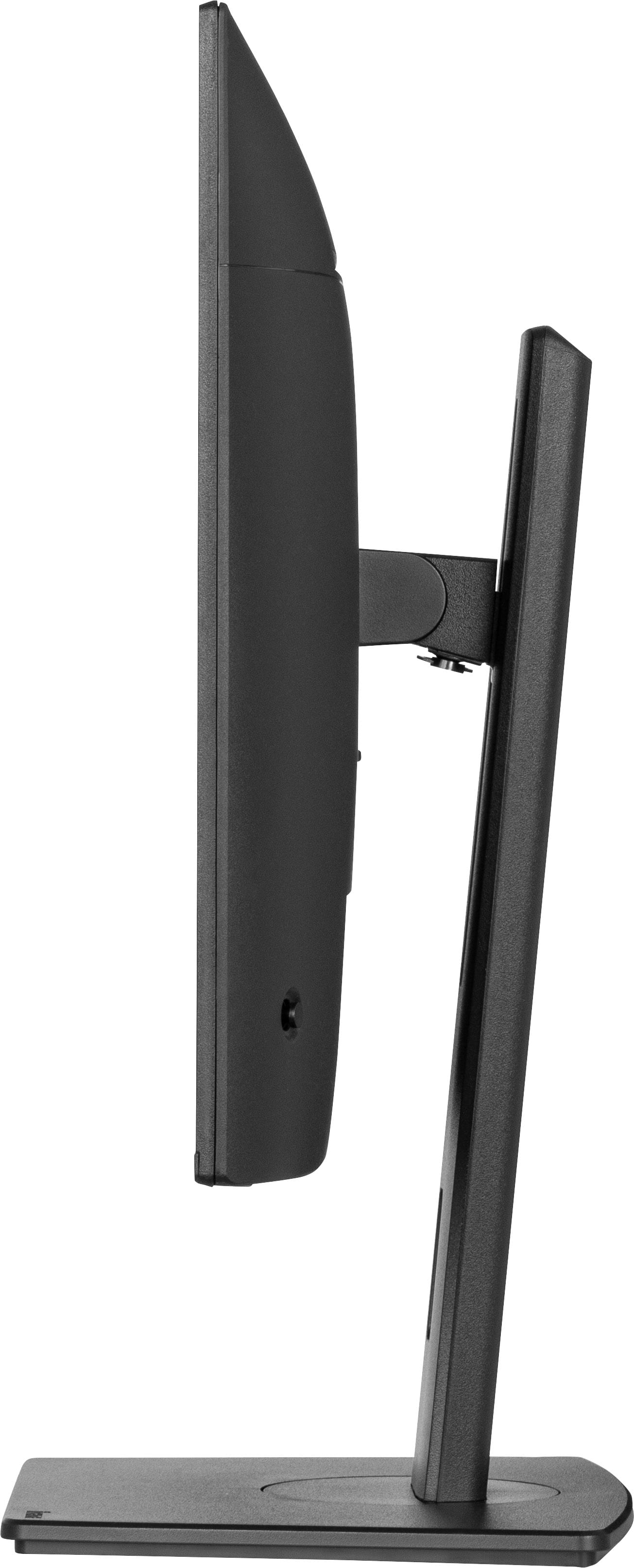 Widok z boku czarnego monitora komputera. Ekran jest pionowy i połączony ze stojakiem.