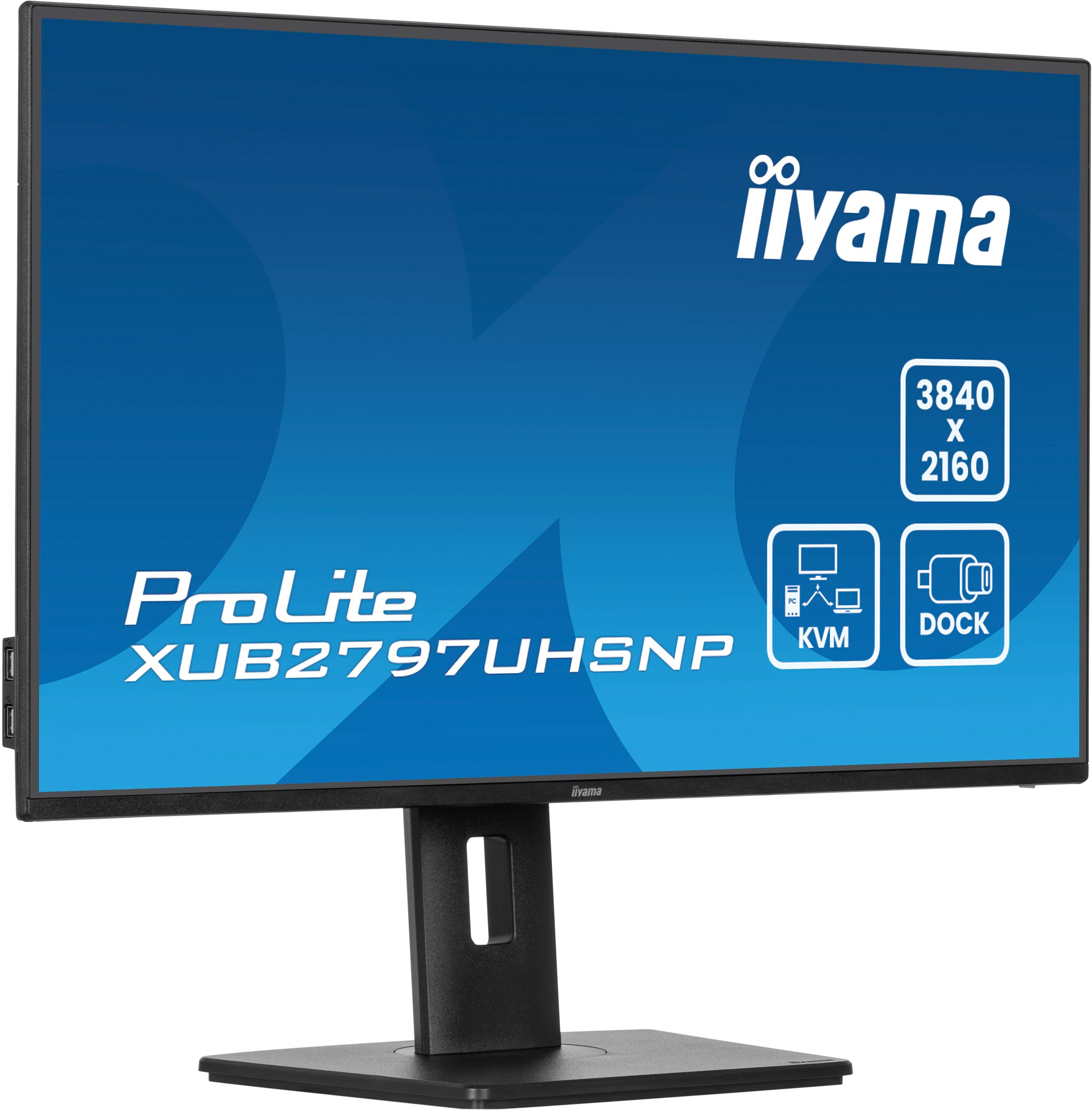 Monitor Iiyama ProLite XUB2797UHSNP. Niebieski ekran z białym tekstem i ikonami, czarna podstawa.