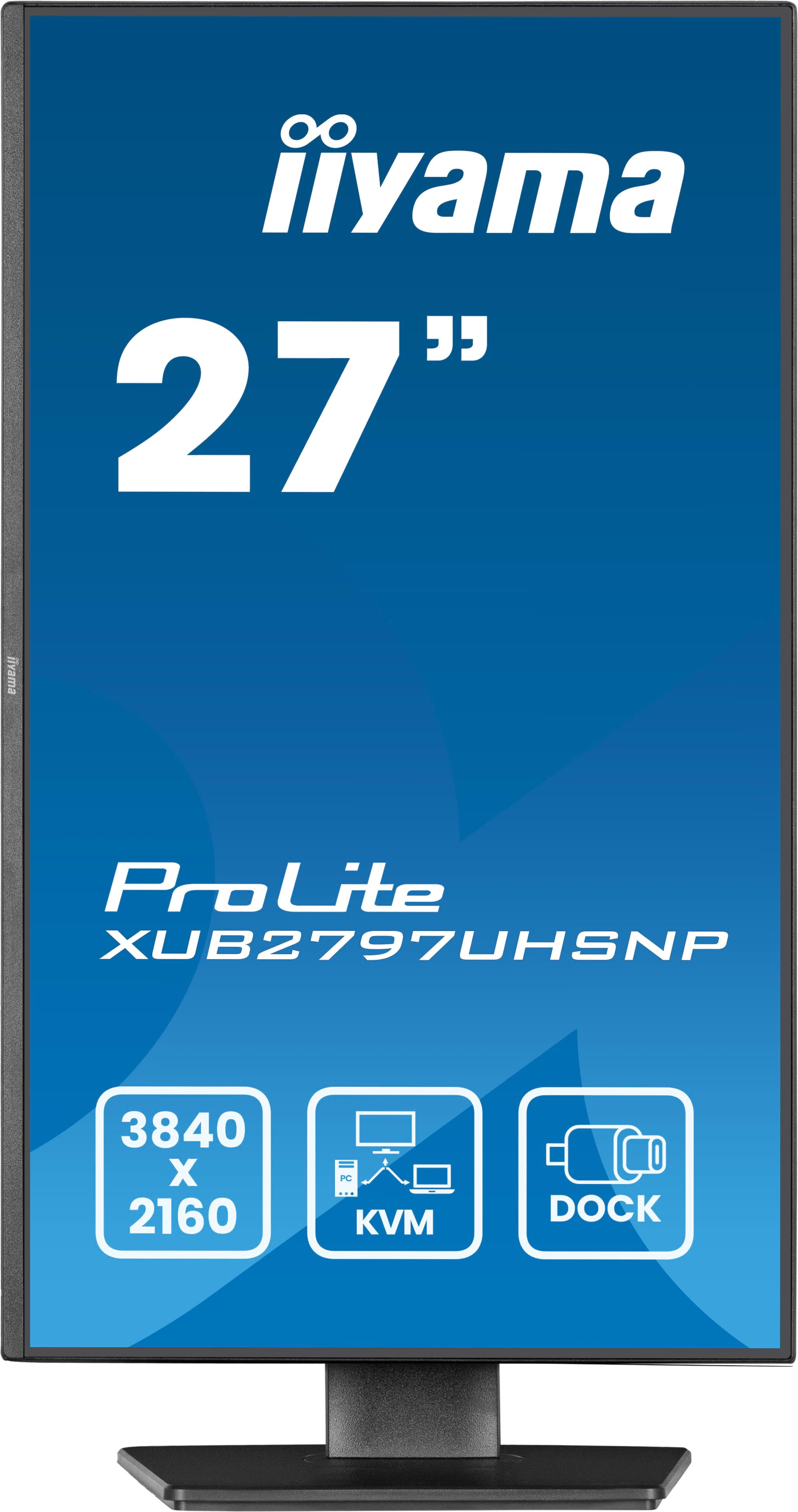 Monitor Iiyama 27 cali. Niebieskie tło z białym tekstem. Funkcje: rozdzielczość 3840x2160, KVM i Dock.