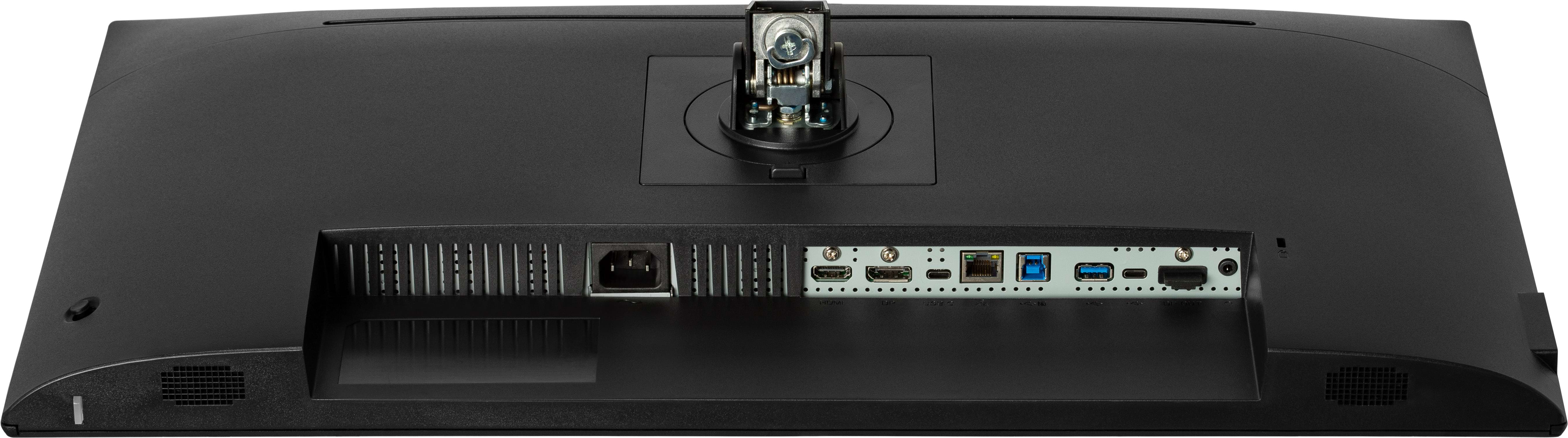 Tył czarnego monitora komputerowego. Zawiera złącze zasilania, otwory wentylacyjne i różne porty.