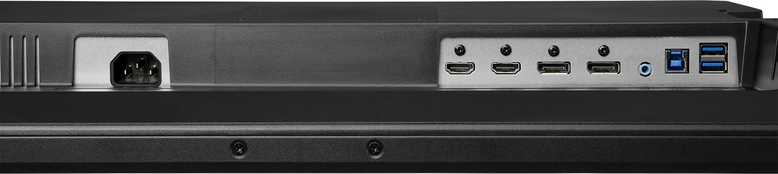 Tył czarnego monitora z różnymi portami, w tym HDMI, USB, audio i złączem zasilania.