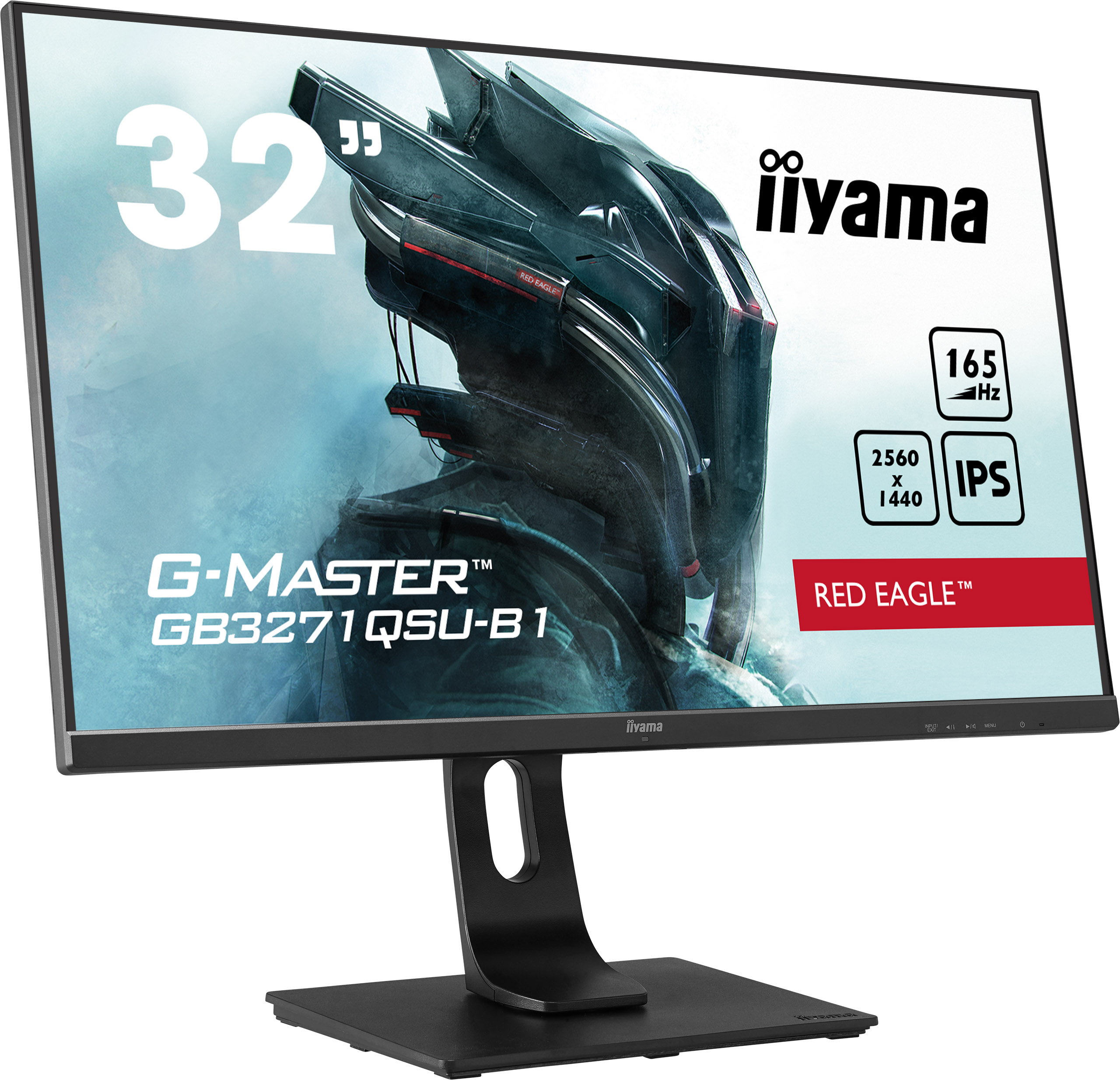 Czarny monitor komputerowy Iiyama z futurystyczną grafiką na ekranie, czarną podstawą i tekstem 'G-MASTER'.